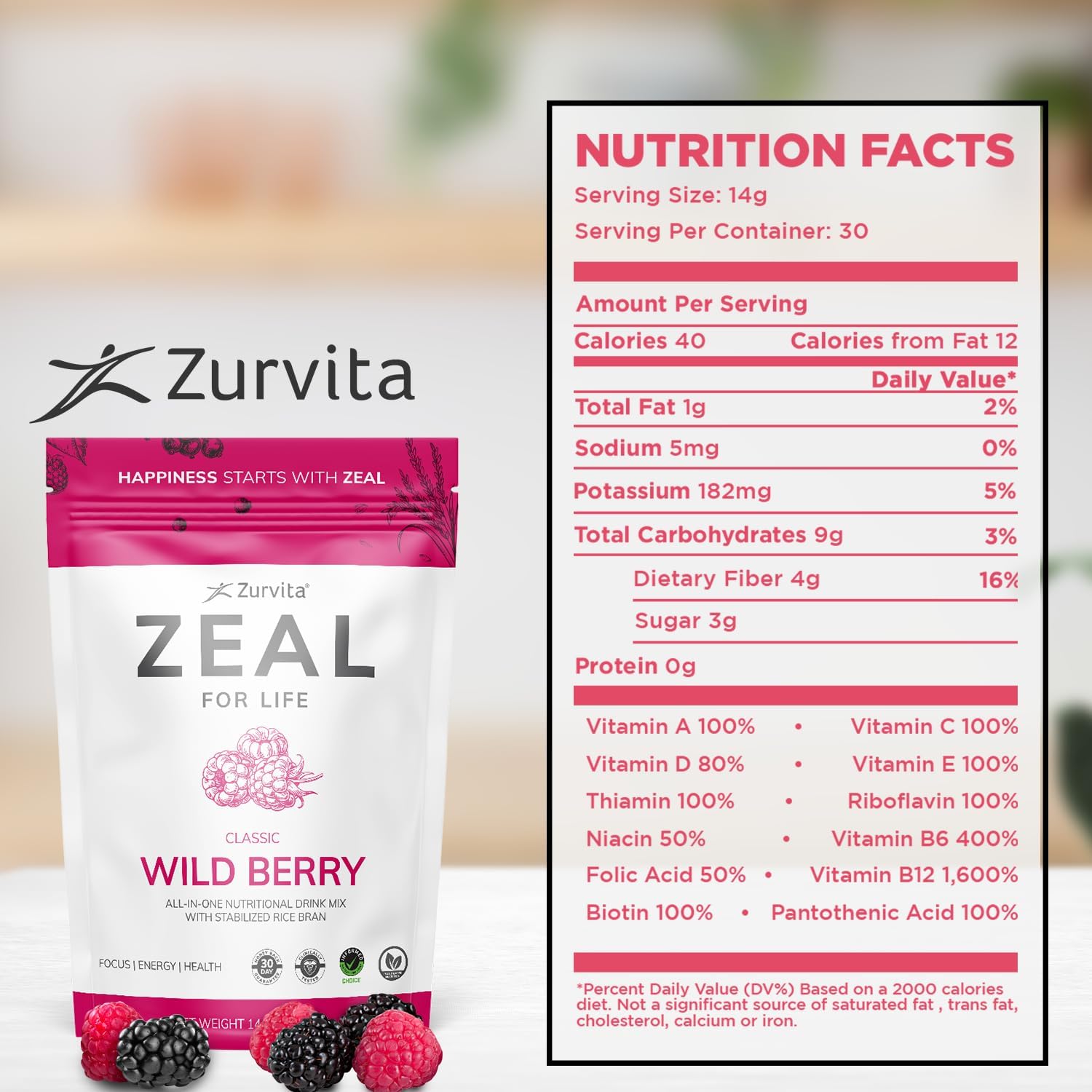 Zurvita - Zeal for Life Wild Berry Wellness Drink Mix - 420 g | Contains Vitamins, Minerals, Antioxidants, Plant Nutrients, Digestive Enzymes, And Phytonutrients For Daily Nutrition