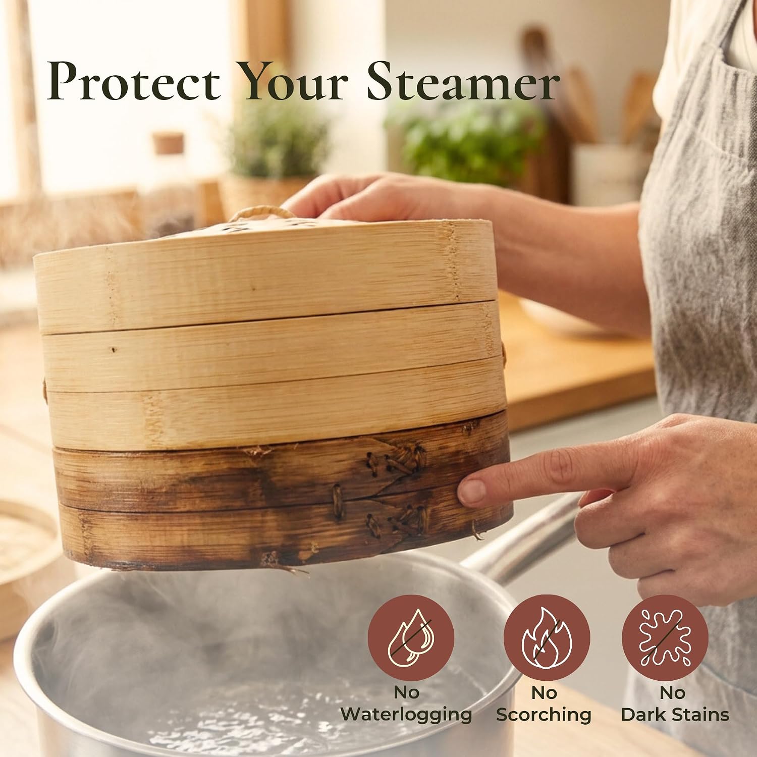 HAPPI STUDIO Bamboo Steamer Basket 10 Inch, Extra Deep Dumpling Steamer Set