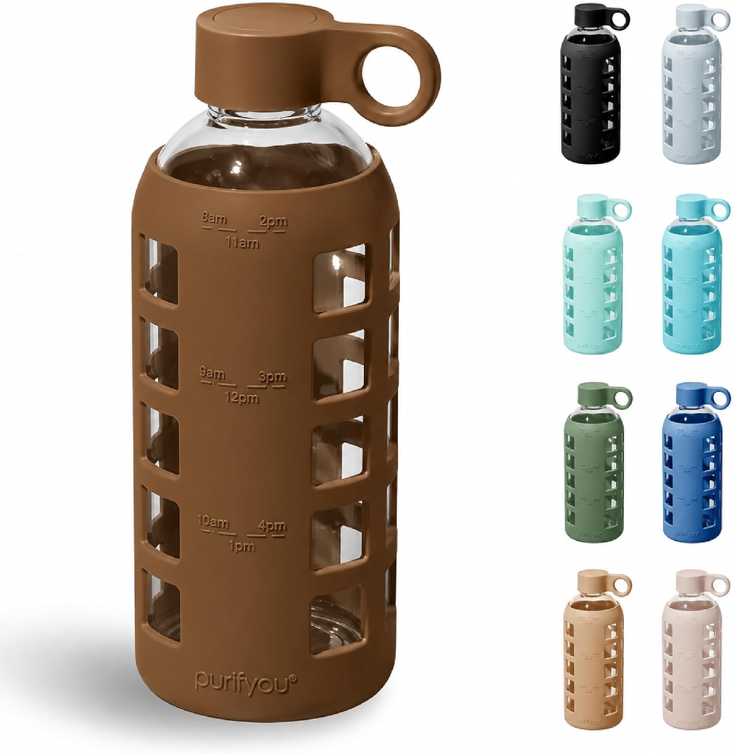 purifyou 40oz / 32oz / 22oz / 12oz Borosilicate Glass Water Bottle with Time & Volume Markers, Silicone Sleeve