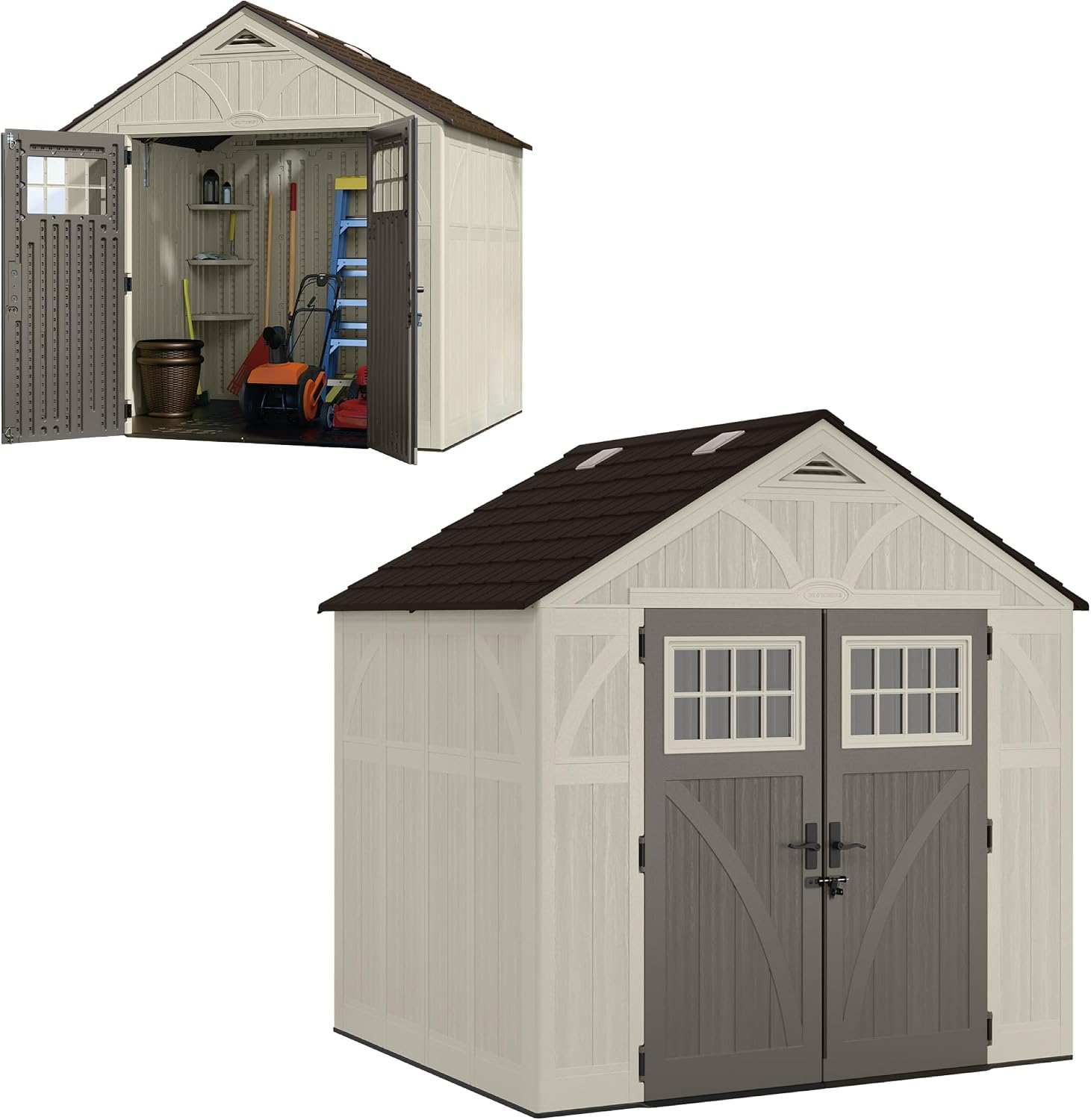 Suncast 8x7 Ft. Outdoor Storage Shed - Large Resin Shed with Floor, Lockable Double Doors