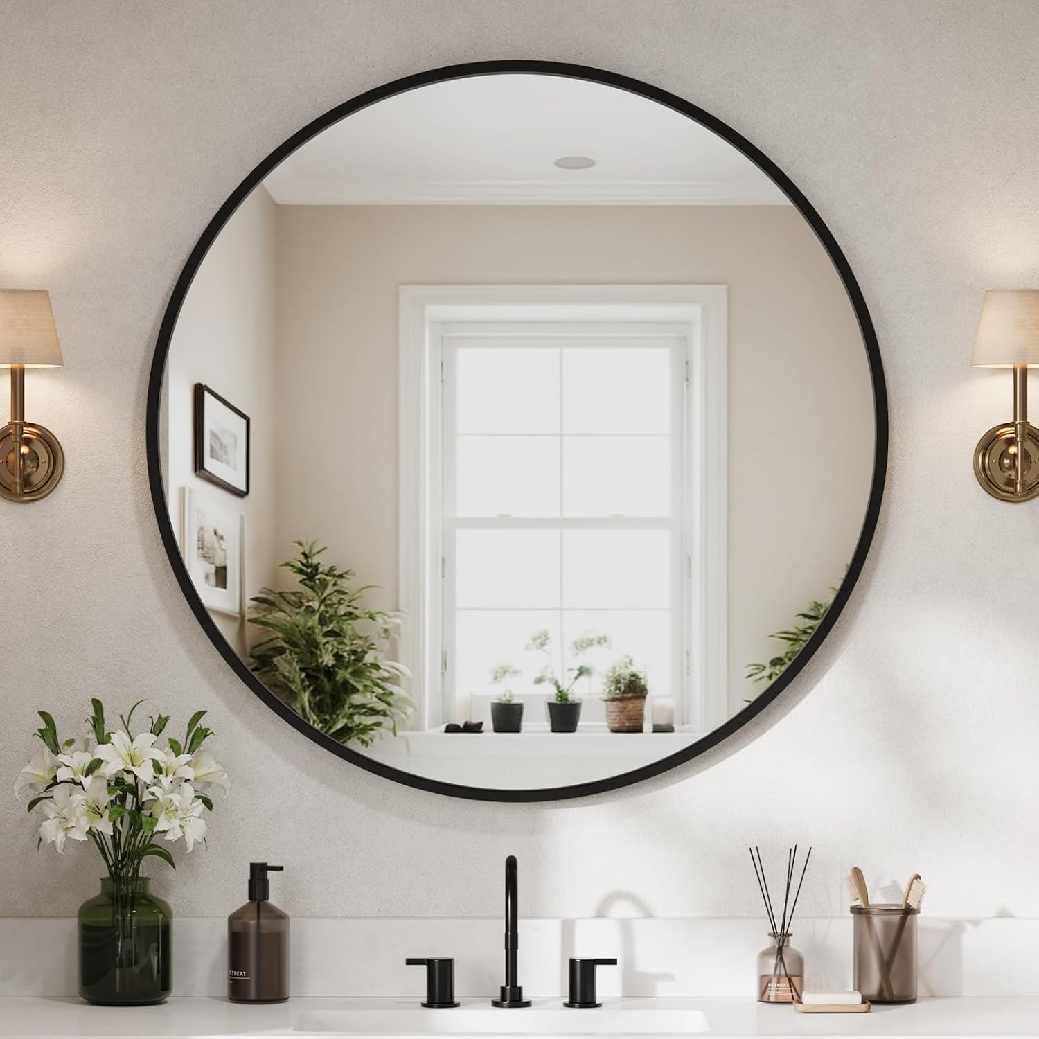 USHOWER Frameless Round Bathroom Mirror 24"