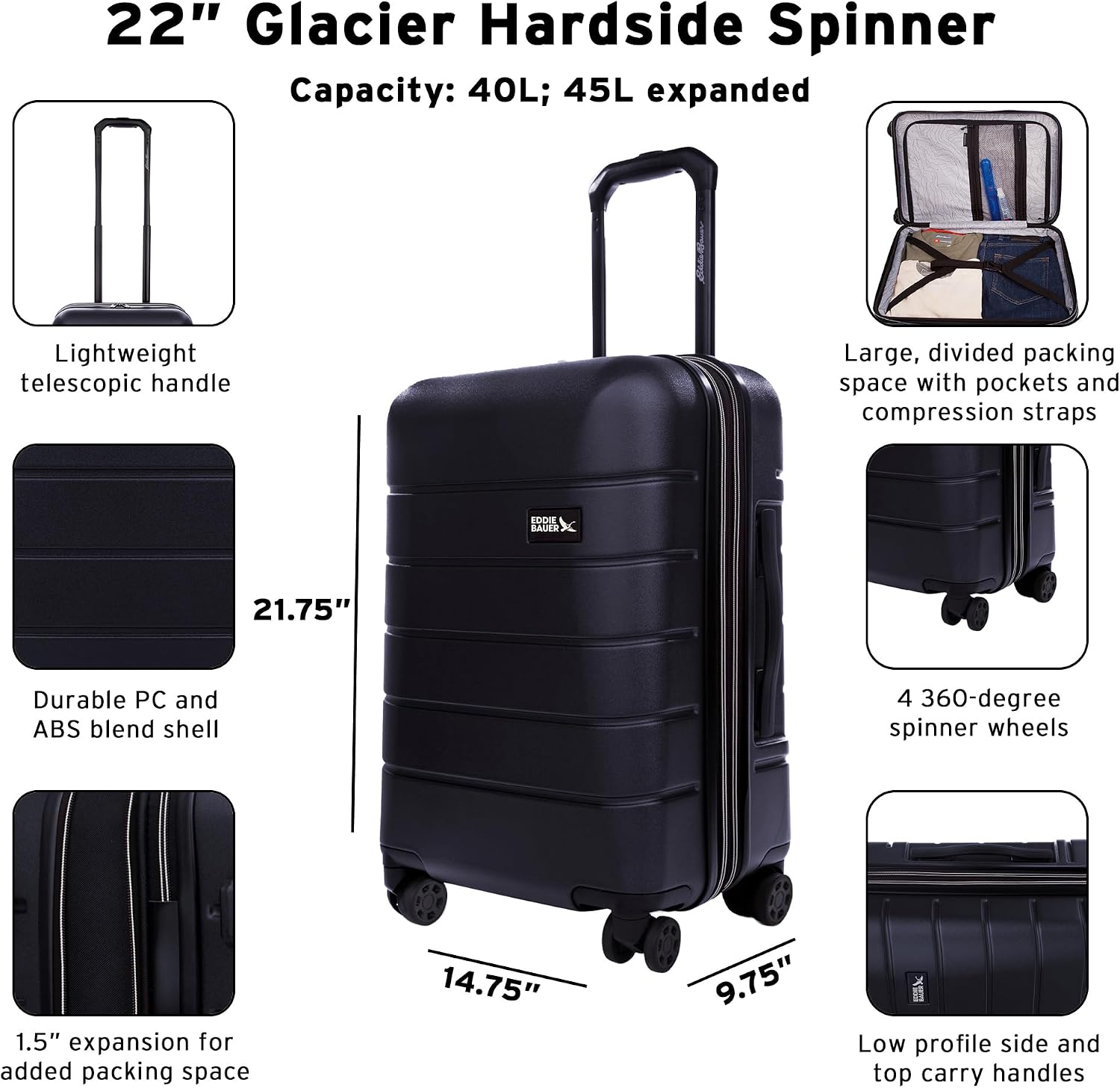 Eddie Bauer Glacier Checked 30" Luggage | Hardside | Spinner Wheels | Expandable | Lightweight | Travel Essentials - Sprig Green