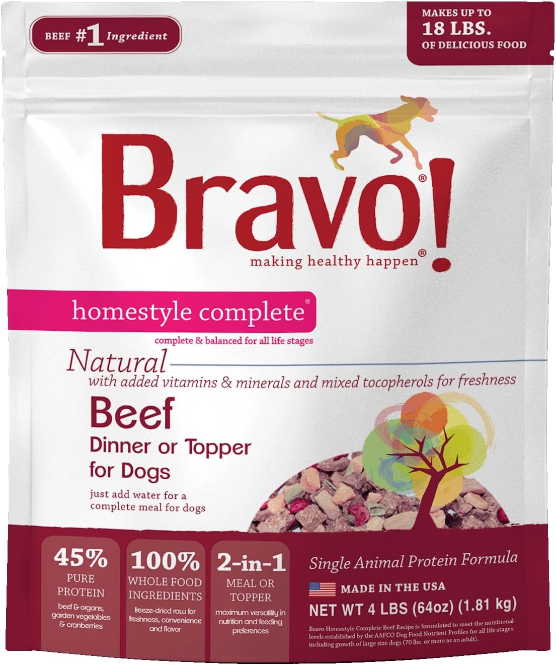 Bravo! Homestyle Complete Freeze Dried Raw Dog Food, Beef, 2 Pounds | Whole Food Ingredients, Rehydrate with Water for Up To 9 Pounds of Food, Use as Meal or Food Topper, Grain Free, Gluten Free