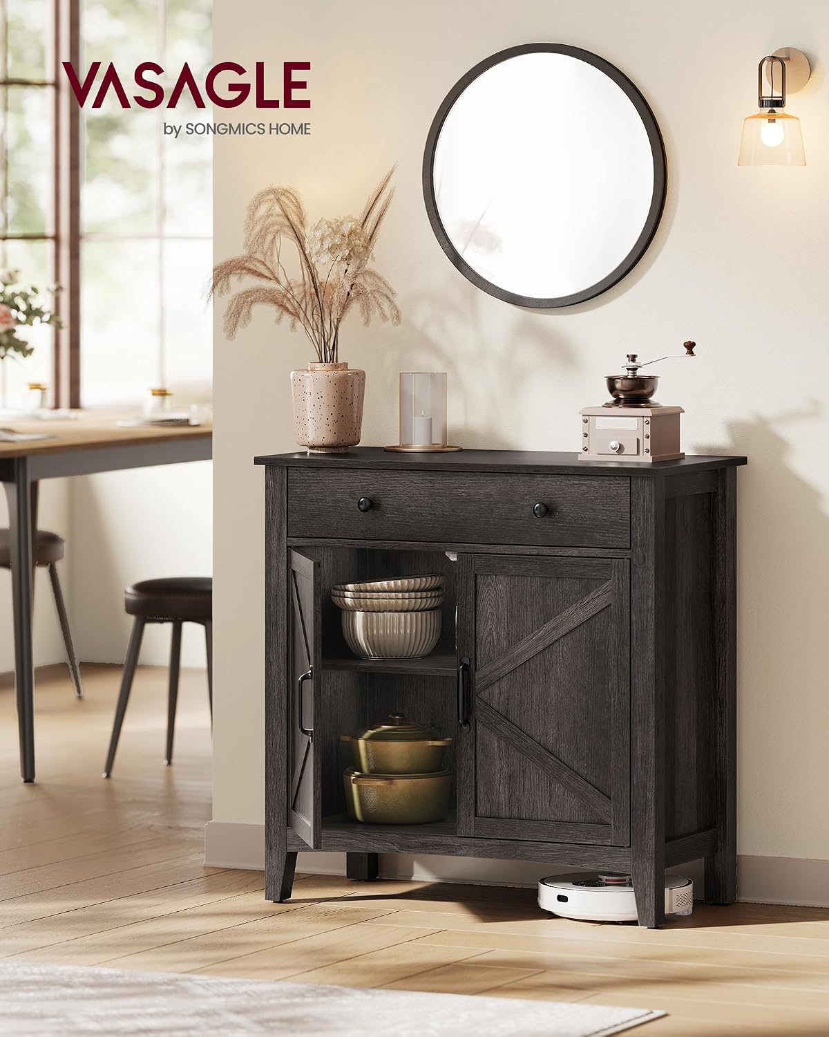 VASAGLE LIRY Collection - Storage Cabinet, Buffet Cabinet, Sideboard, Credenza, with Adjustable Shelves, for Entryway, Rustic White and Honey Brown ULSC381W01