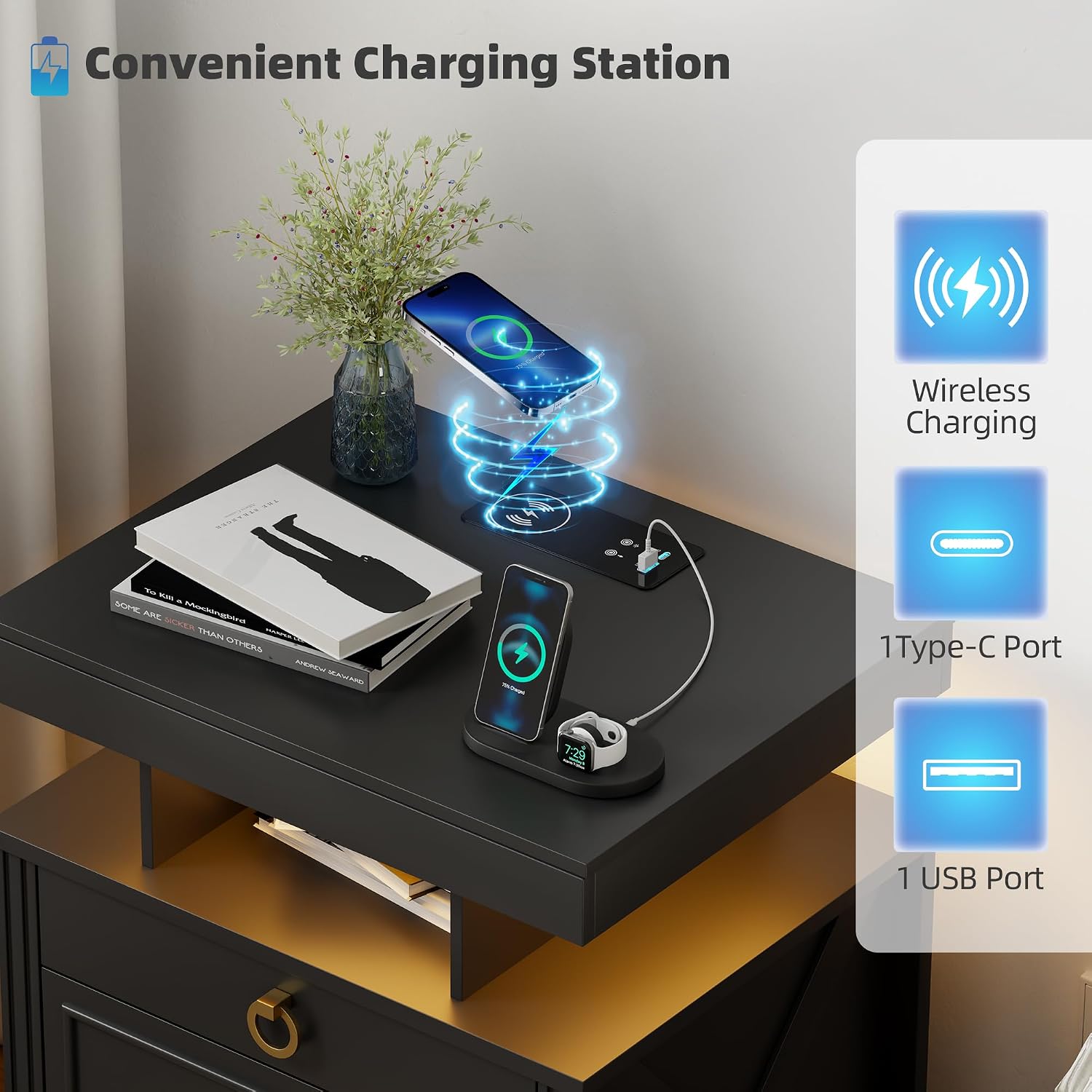 Smart LED Nightstand with Lockable Gun Drawer & Glass Top（Black） | Modern Bedside Table with Charging Station and Hidden Storage, LED Night Stand with 4 Drawers & Motion Sensor for Bedroom