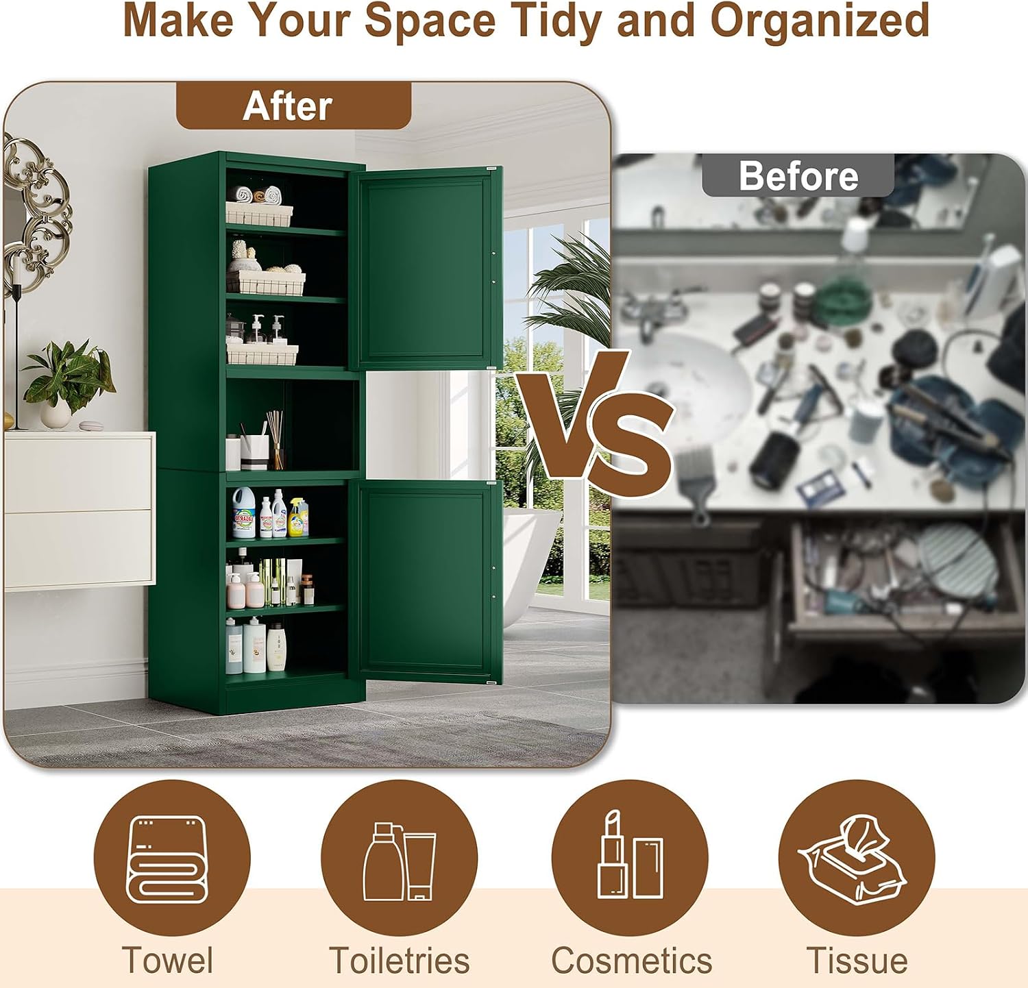 pozdeg 67" Tall Narrow White Metal Storage Cabinet | 2 Doors, 4 Adjustable Shelves, Freestanding Slim Pantry Organizer for Bathroom Kitchen Living Room