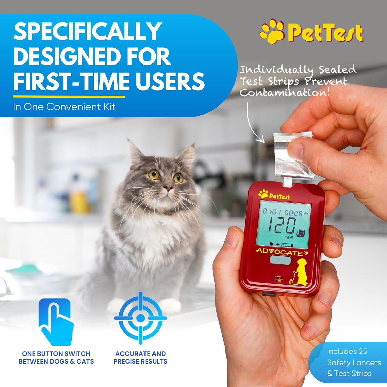 PetTest Genteel Glucose Monitor Kit for Dogs and Cats, Pain-Free Testing