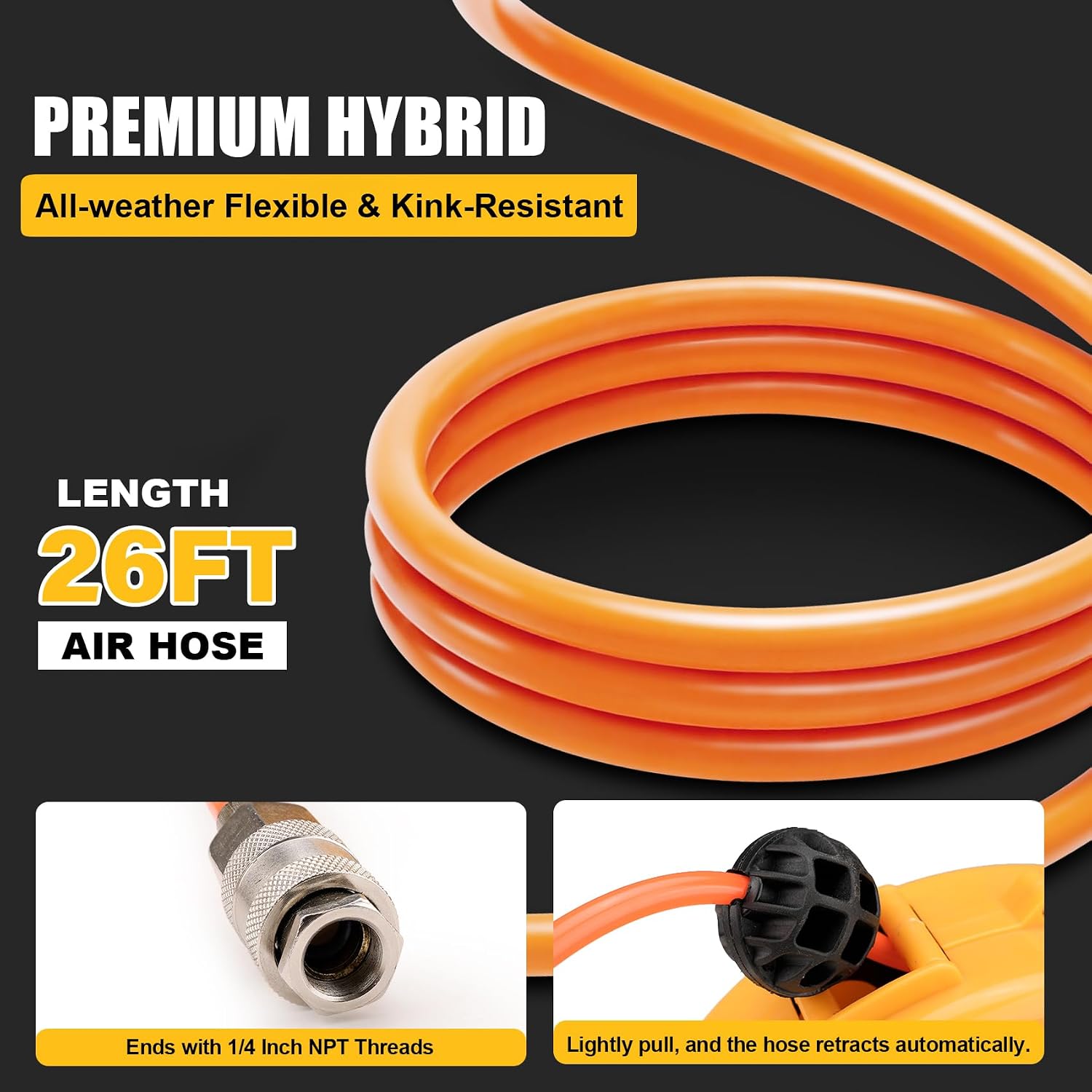 Mini Air Hose Reel With 1/4in. x 26ft. | Retractable Air Compressor Hose for Pneumatic Tools, Auto Rewind, Ceiling/Wall Mount