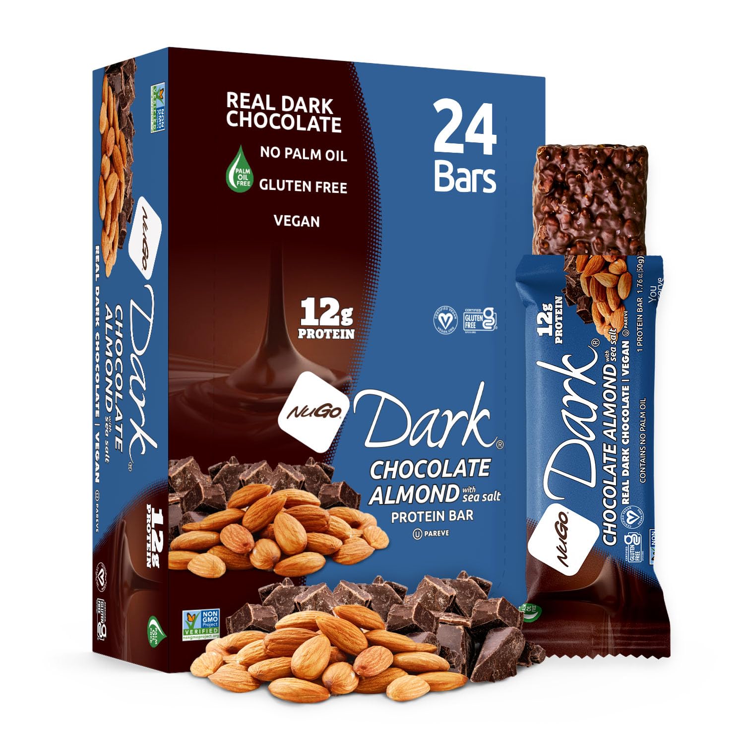 NuGo Dark, Mint Chocolate Chip, 13g Vegan Protein Bar, Gluten Free, 24 CT