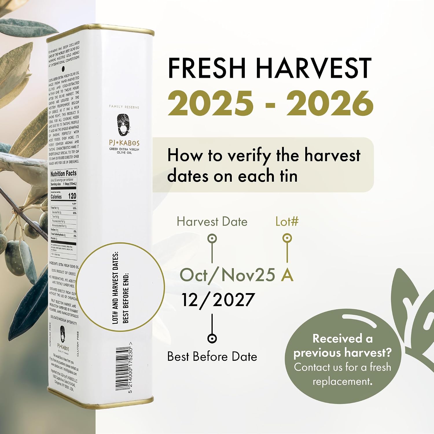 P.J. KABOS Fresh 2025/26 Harvest, High Phenolic (400+mg/kg), Natural Greek Extra Virgin Olive Oil, Kosher, Greece, Cold Extracted, 16.9 oz Tin, Koroneiki, "Family Reserve -Medium"