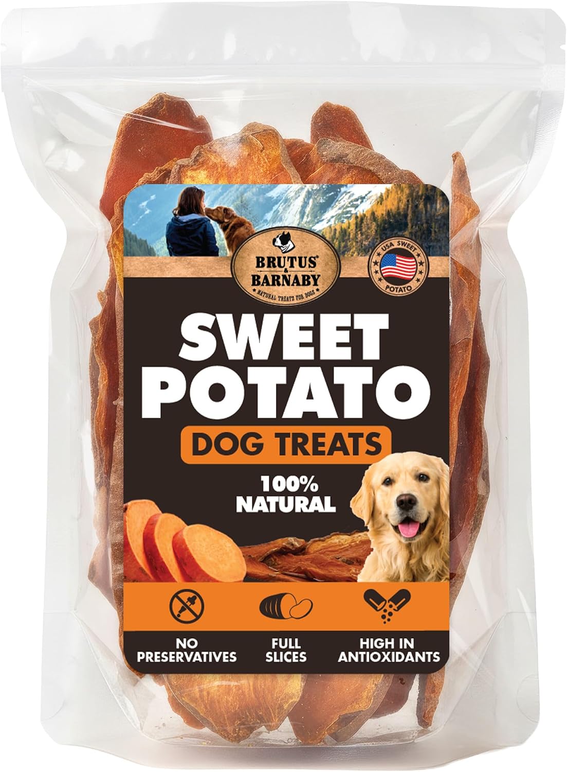 BRUTUS & BARNABY Dried Sweet Potato Dog Treats & Chews, Full Slices, 14 oz | Single ingredient, healthy, hypoallergenic; gentle on sensitive stomachs. Made in USA, thick cut for large breeds