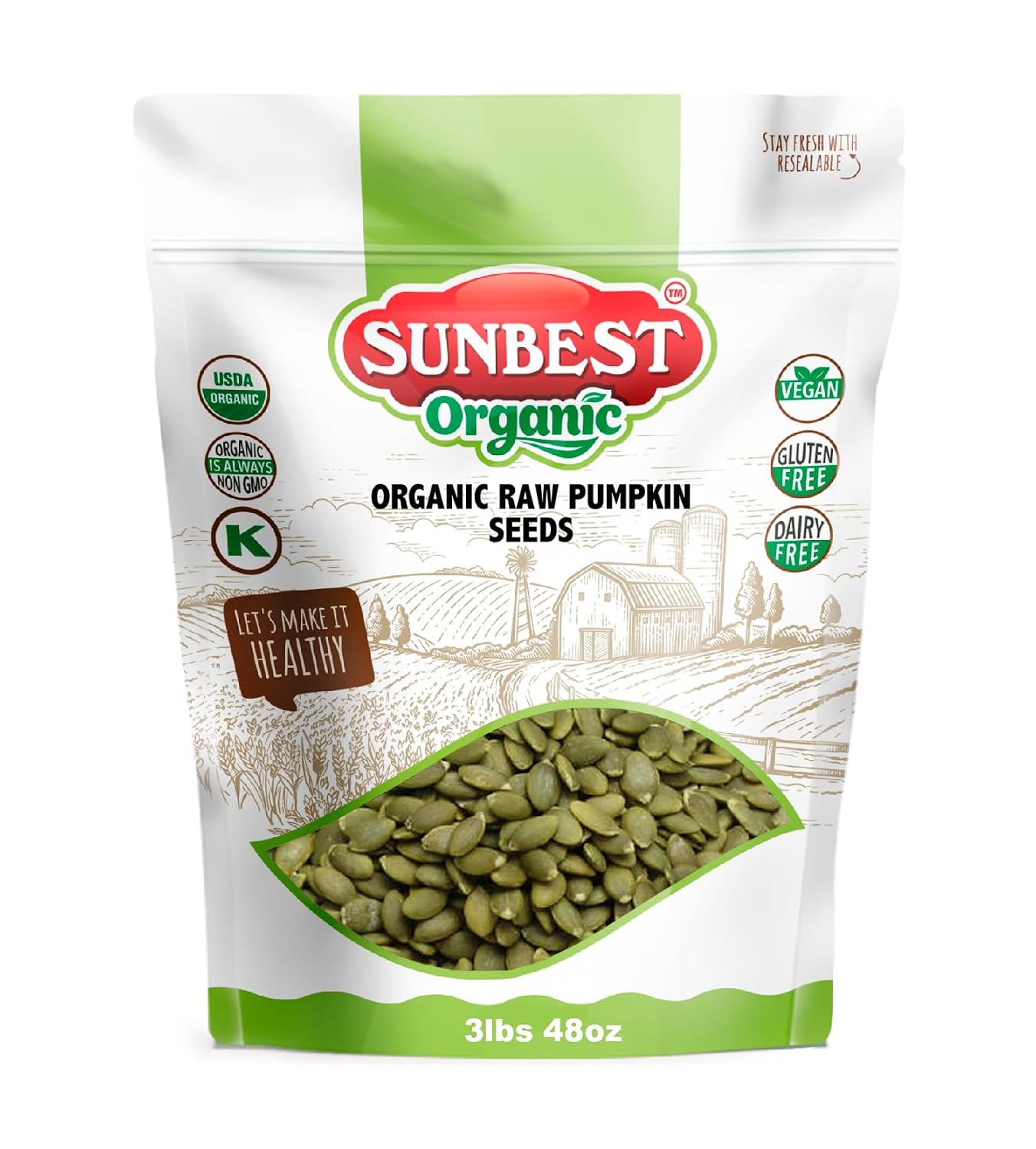 Sunbest Natural Organic Raw Pumpkin Seeds 48 oz (3 lb Bulk Bag) – USDA Organic, Unsalted Shelled Pepita Seeds – Gluten-Free, Non-GMO, Vegan