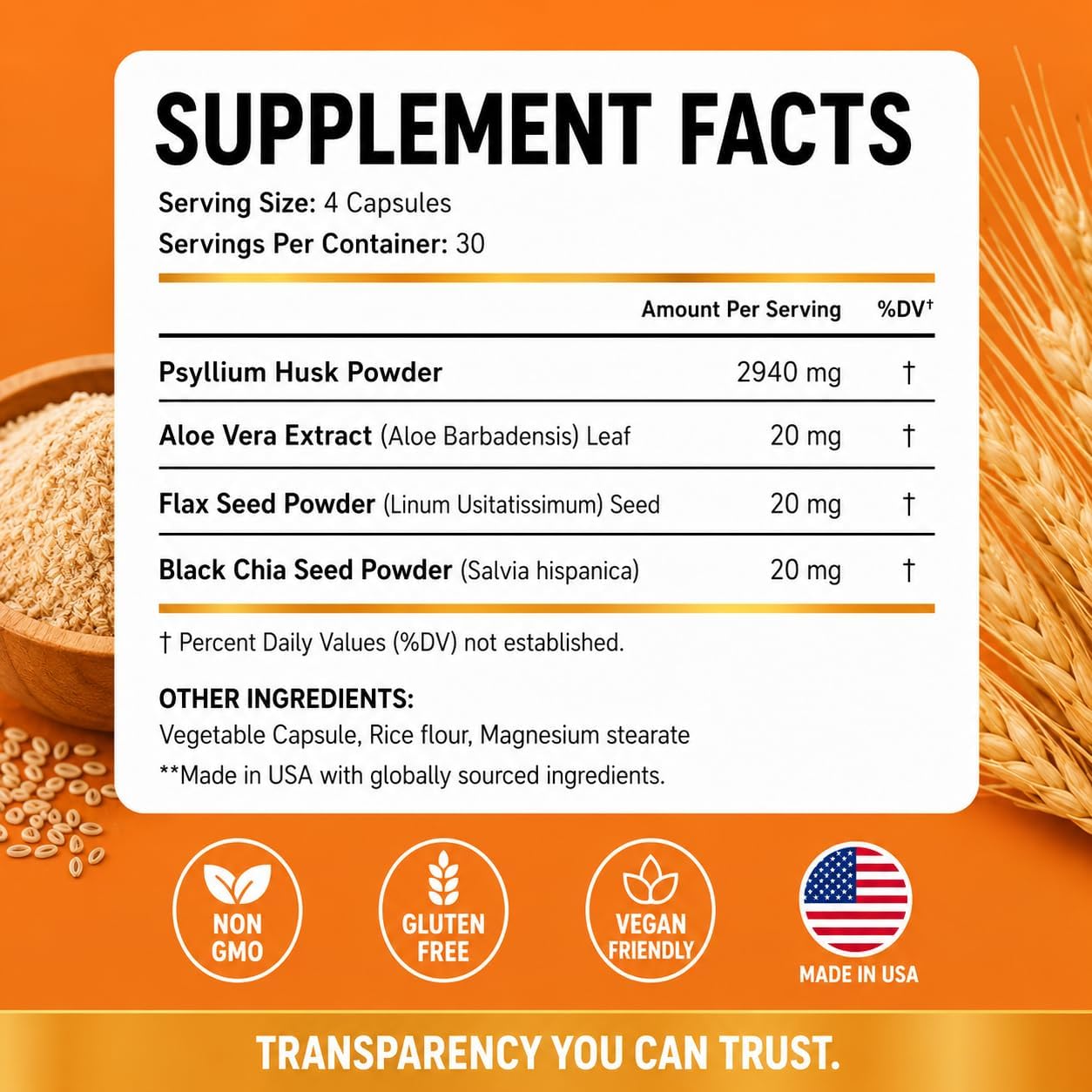 Psyllium Husk Capsules 3000mg – Fiber Supplement for Digestive Health, Gut Health & Regularity, Soluble Fiber Supplement with Aloe Vera