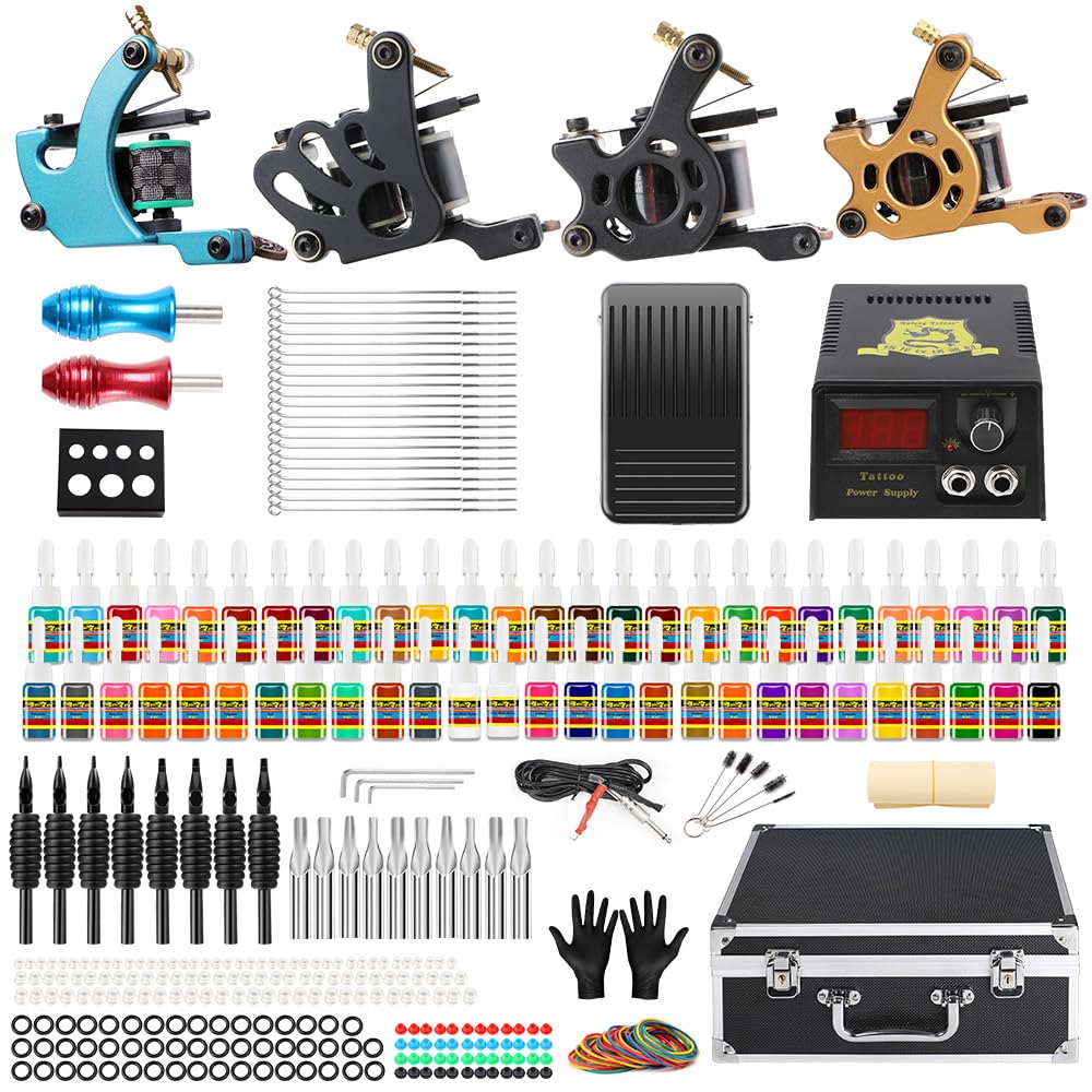Solong Complete Tattoo Kit 4 Pro Machine Guns 54 Inks Power Supply Foot Pedal Needles Grips Tips Carry Case TK456-US（Machine color random）