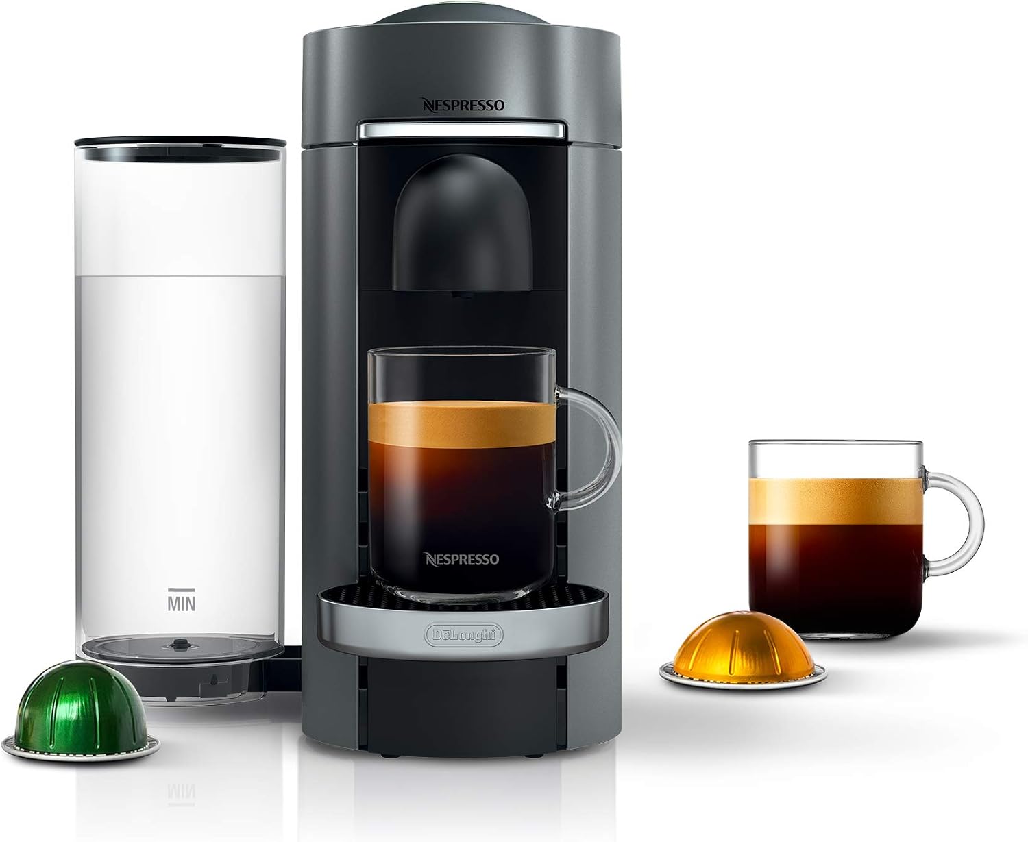 Nespresso Vertuo Plus Coffee & Espresso Maker by De'Longhi, Silver | Titan coffee machine. Brews 4 cup sizes: 5 and 8 oz. coffee