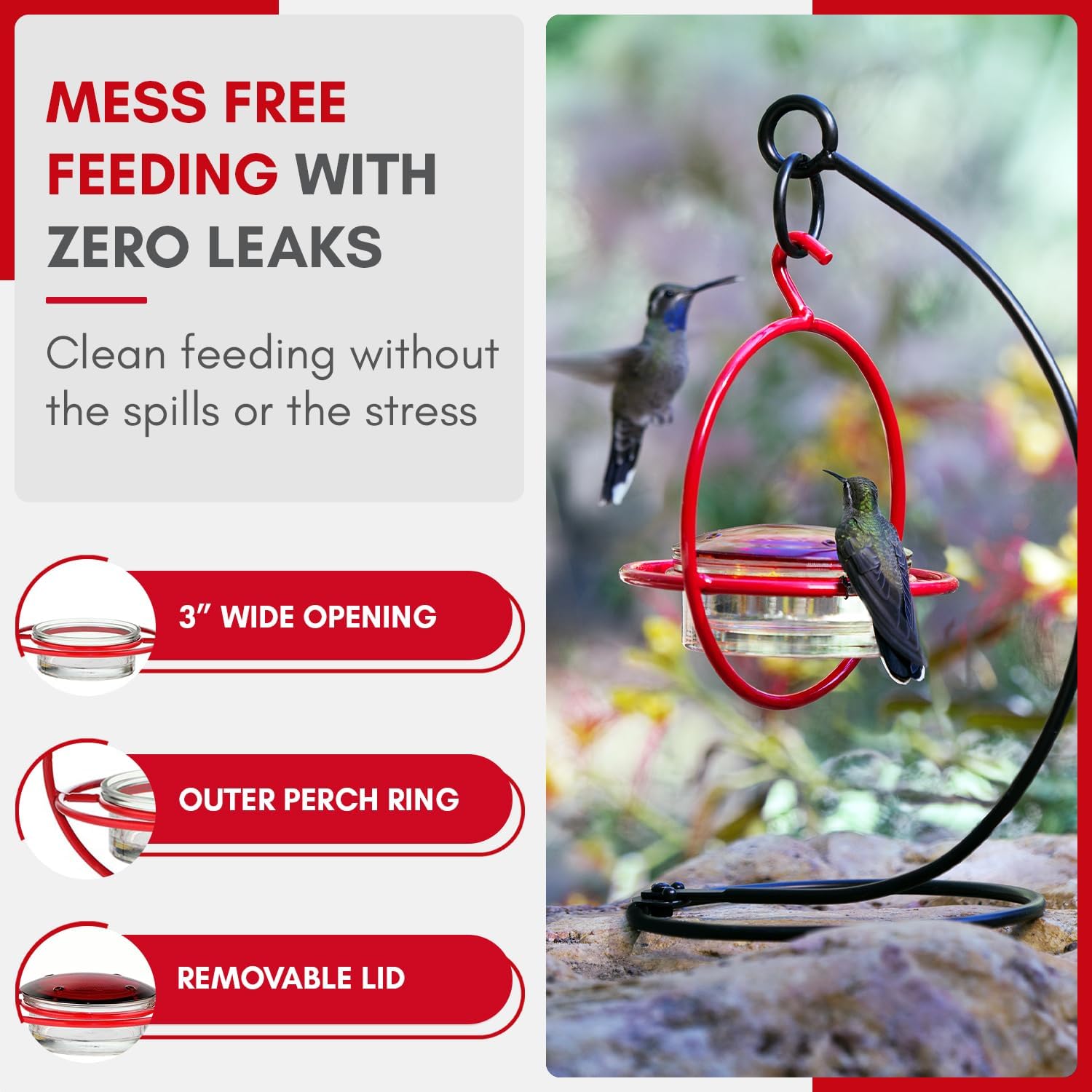 Hummingbird Feeder for Outdoors Hanging, 3.4 OZ Hummingbird Feeders, Glass Bowl with 4 Feeding Ports, Leak Proof Lid & Circular Perch, Bird Feeder (1, Red)