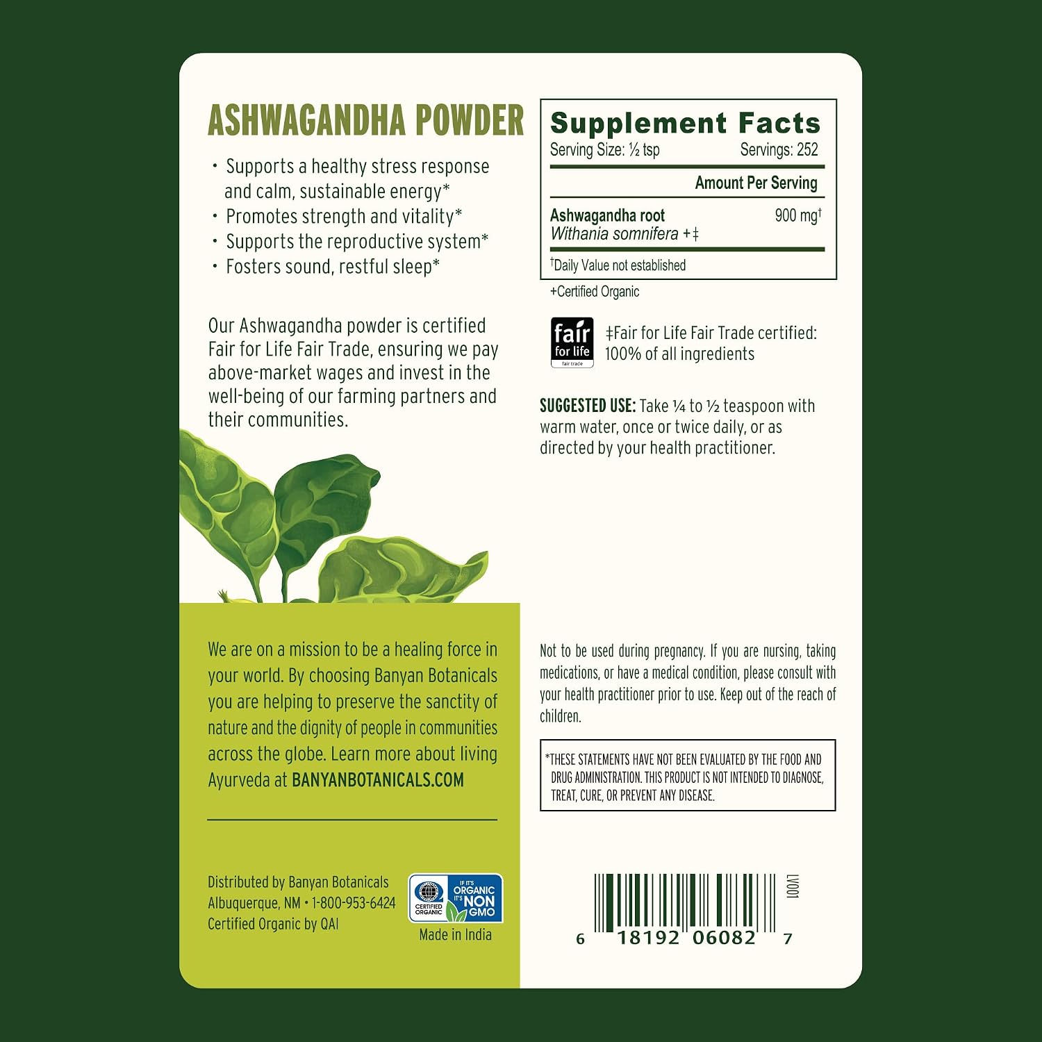 Banyan Botanicals Ashwagandha Powder – Organic Ashwagandha Root – Renowned Herbal Adaptogen for Natural Energy Support and Stress Support* – 1/2lb – Non-GMO Sustainably Sourced Vegan