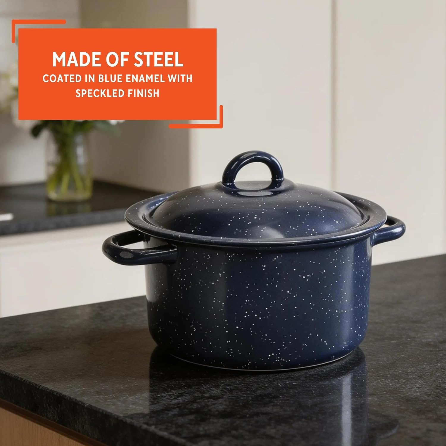 IMUSA USA C20666-1062810W Speckled Enamel Stock Pot with Lid, 4 Quart, Blue | Speckled Enamel Finish, Durable Steel Construction, Ideal for Soups and Stews, Great for Everyday Family Meals