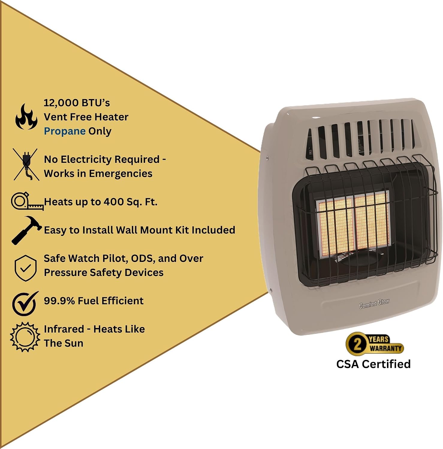 WORLD MKTG OF AMERICA/IMPORT KWP212 2 Plaque 12000 BTU Gas Wall Heater, Grey | 2 Plaque, Infrared Radiant Gas Heater for Indoor Use