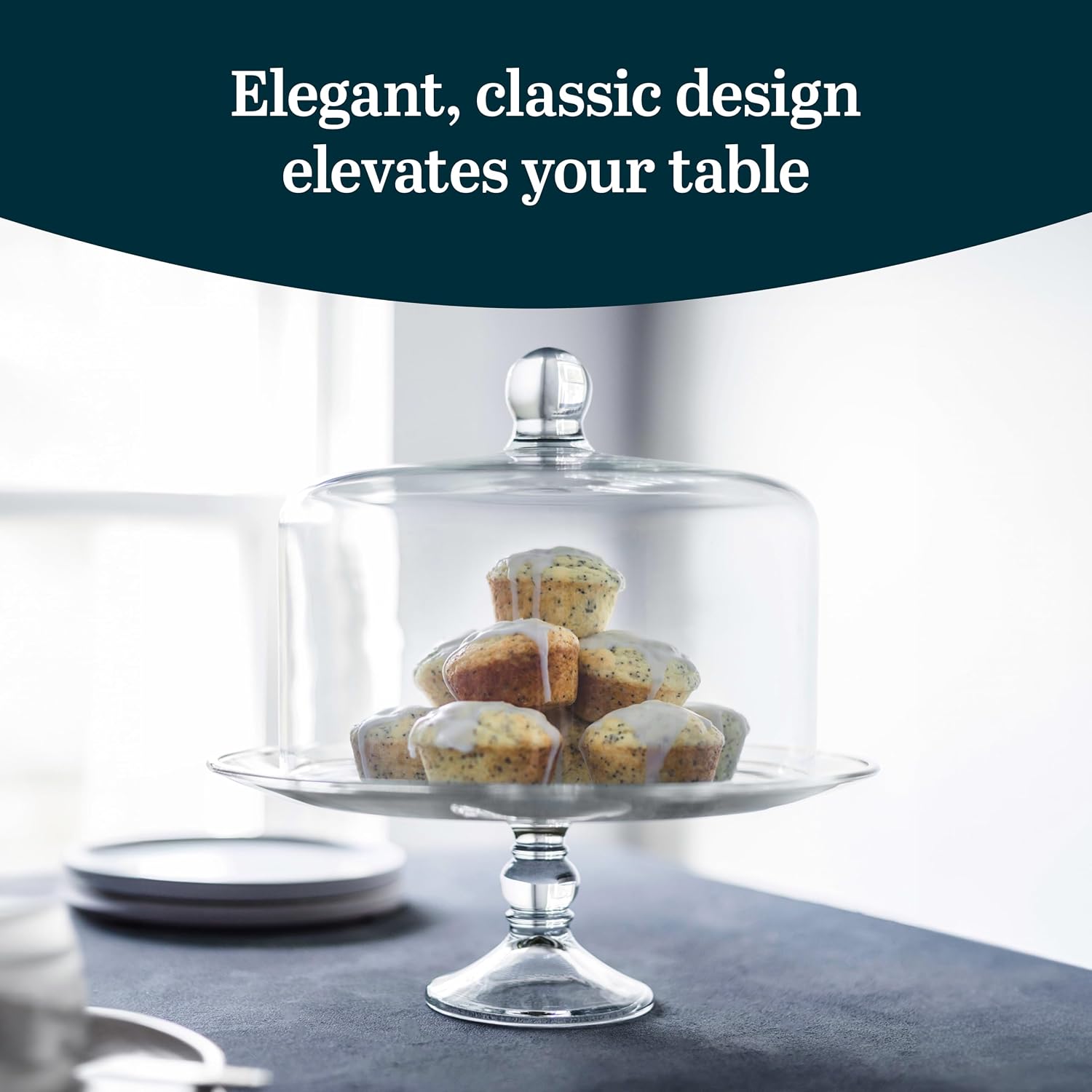 Libbey Selene 6-in-1 Domed Cake Stand, Unique Space Saving Glass Cake Stand with Dome, Multi-Purpose Dip Bowl To Serve Snacks and More