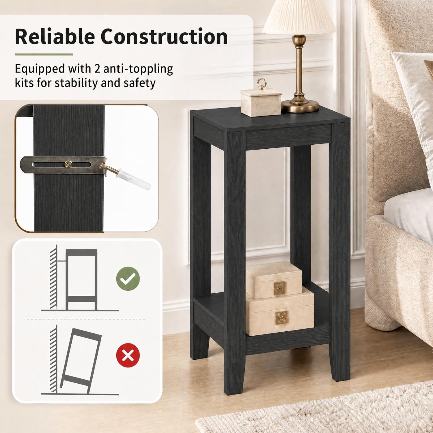 Giantex 2-Tier End Table Nightstand, Bedside Sofa Table for Living Room Bedroom, Narrow Telephone Table with Shelf and Legs for Small Spaces, Espresso