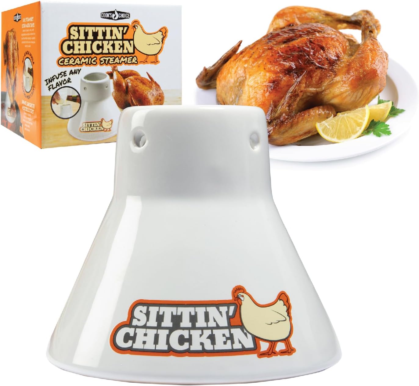 COOK'S CHOICE Sittin' Chicken Reusable Ceramic Beer Can Roaster & Steamer | Vertical Chicken Roaster Stand for Grill, Oven & Smoker - Flavor Infuser for Marinades, Beer & Sauces - Summer BBQ Essential