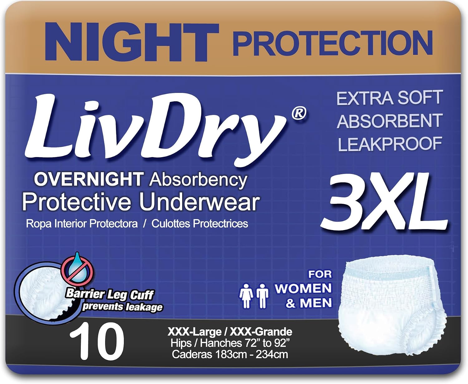 LivDry Adult XL Incontinence Underwear, Overnight Comfort Absorbency, Leak Protection, X-Large, 48-Pack