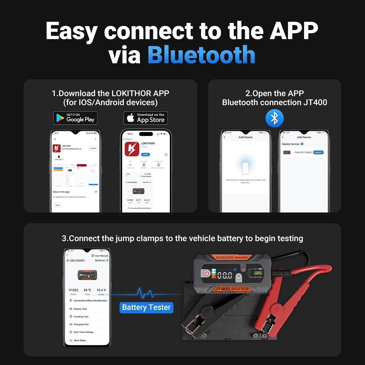 LOKITHOR JT400 2500A Portable Jump Starter with 100–2000 CCA Battery Tester, 12V Car Battery Jump Starter for Up to 8.5L Gas or 6.5L Diesel Engines, Smart Bluetooth Automotive Battery Load Tester