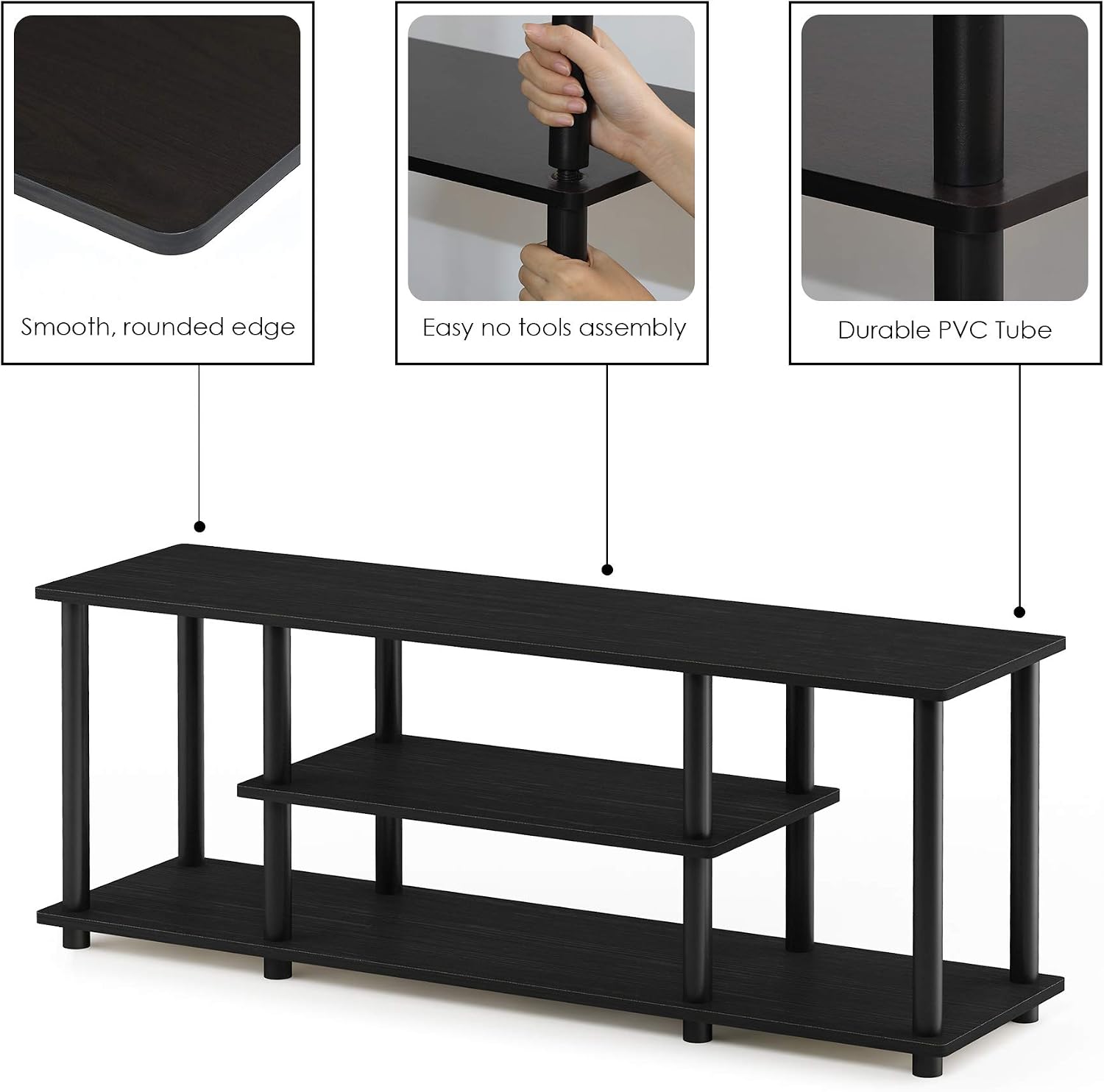 Furinno Turn-N-Tube No Tools 3D 3-Tier Entertainment TV Stand up to 50 inch TV, Round Tubes, French Oak Grey/Black | for TV up to 50 Inch, Open Frame Rectangular Entertainment Center with Storage Shelf, TV Console, for Living Room, Bedroom