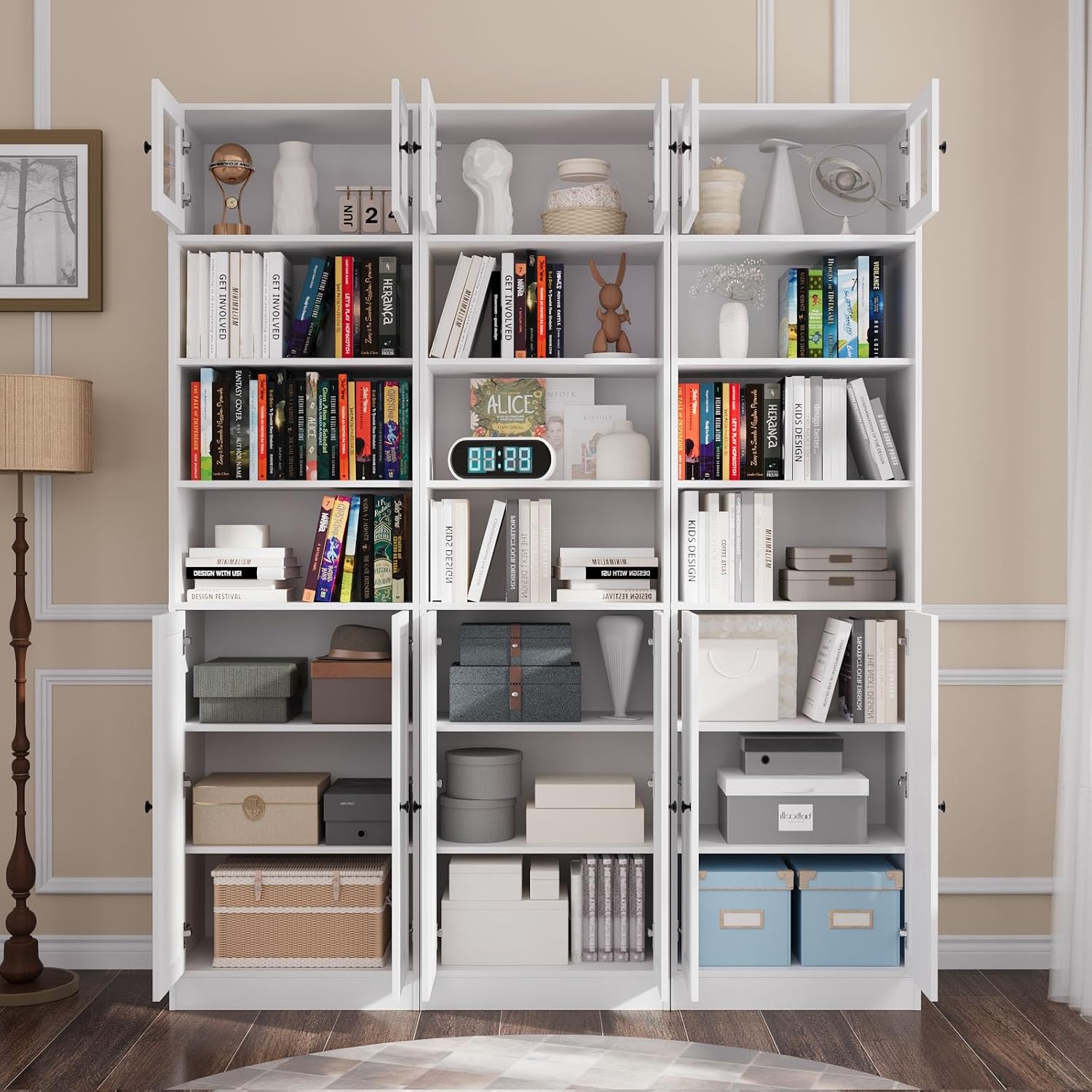 TUSY 85.5 Inch Tall Bookshelf with Doors - 7 Tier Bookcase with Glass Doors and Drawer, 23.6" Wide Storage Cabinet with Open Shelves for Living Room, White Book Shelf for Home Office, Study (AAAA)