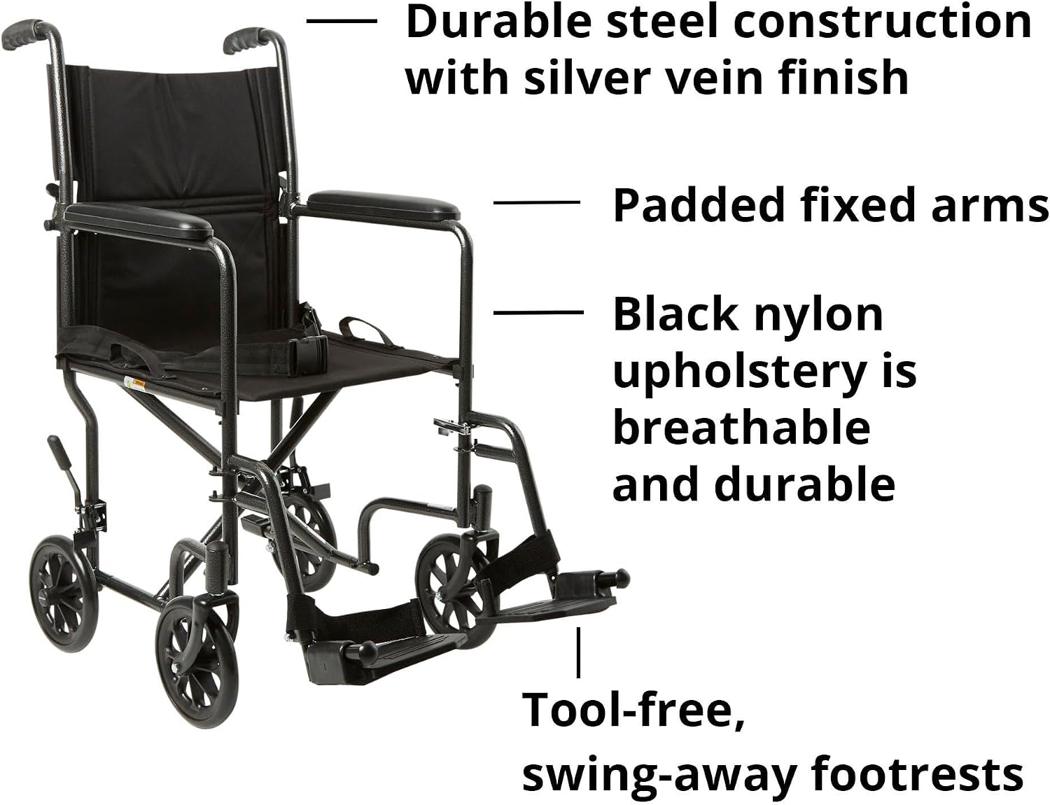 McKesson Transport Wheelchair, Silver, Black, 19 in, 1 ct | Lightweight, Steel, Silver Vein Finish