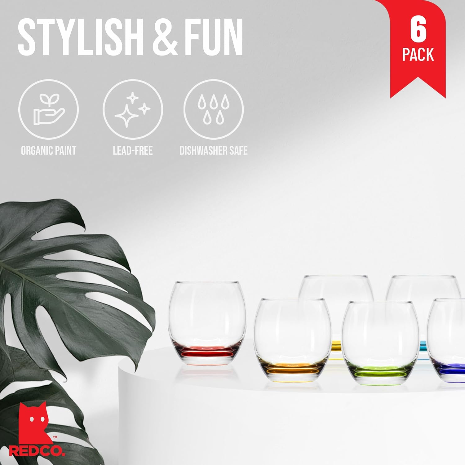 Red Co. Large 16 oz Multicolored Drinking Glass Set of 6 for Water, Beverage, Cocktail, Mixed Drinks