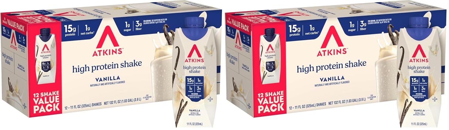 Atkins Milk Chocolate Delight High Protein Shake, 15g Protein, 12 Count | 15g Protein, 3g Fiber, 2g Net Carb, 1g Sugar, Chocolate Flavored, Keto Friendly, Ready to Drink, 12 Count