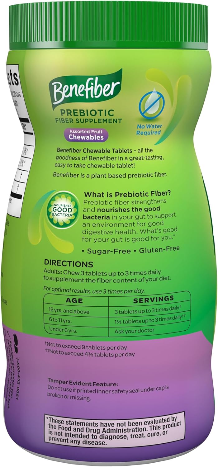 Benefiber Chewable Prebiotic Fiber Tablets, Assorted Fruit Flavors, 100 Ct | Plant-based Prebiotic Fiber, Supports Gut Health by Nourishing Good Gut Bacteria, GLP-1 Support for Digestive Health