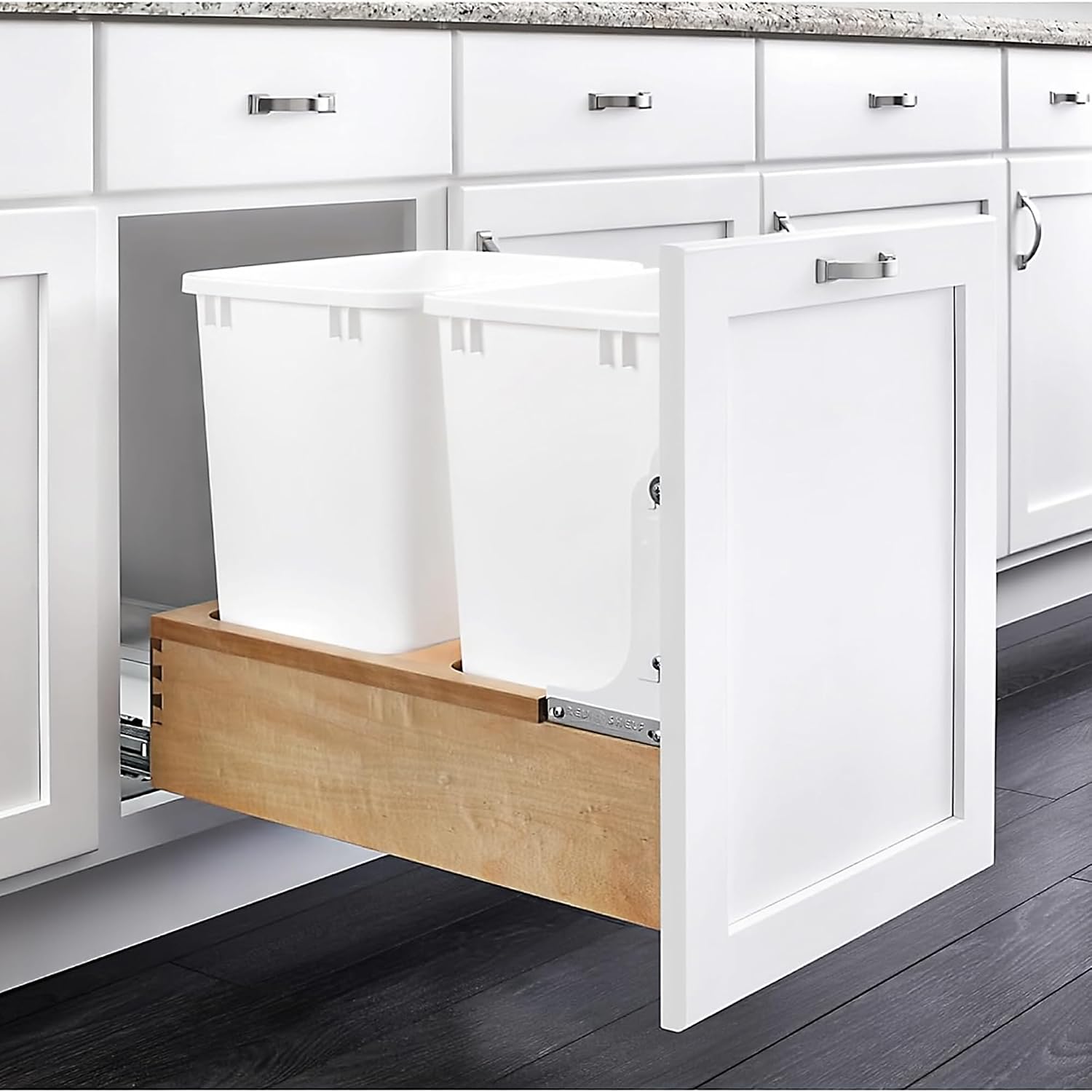Rev-A-Shelf Double Pullout Trash Can w/Soft-Close Slides, 14.5" Min Opening | Large Capacity Garbage/ Recycling Waste Bins for Under Kitchen Cabinets, Heavy Gauge Wire Construction, 4WC-18DM2