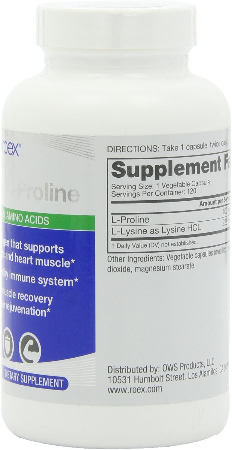 Roex Vitamins | L-Lysine | L-Proline | Muscle Maintenance and Recovery | Healthy Joints | Nutritional-Supplement | 120 Count
