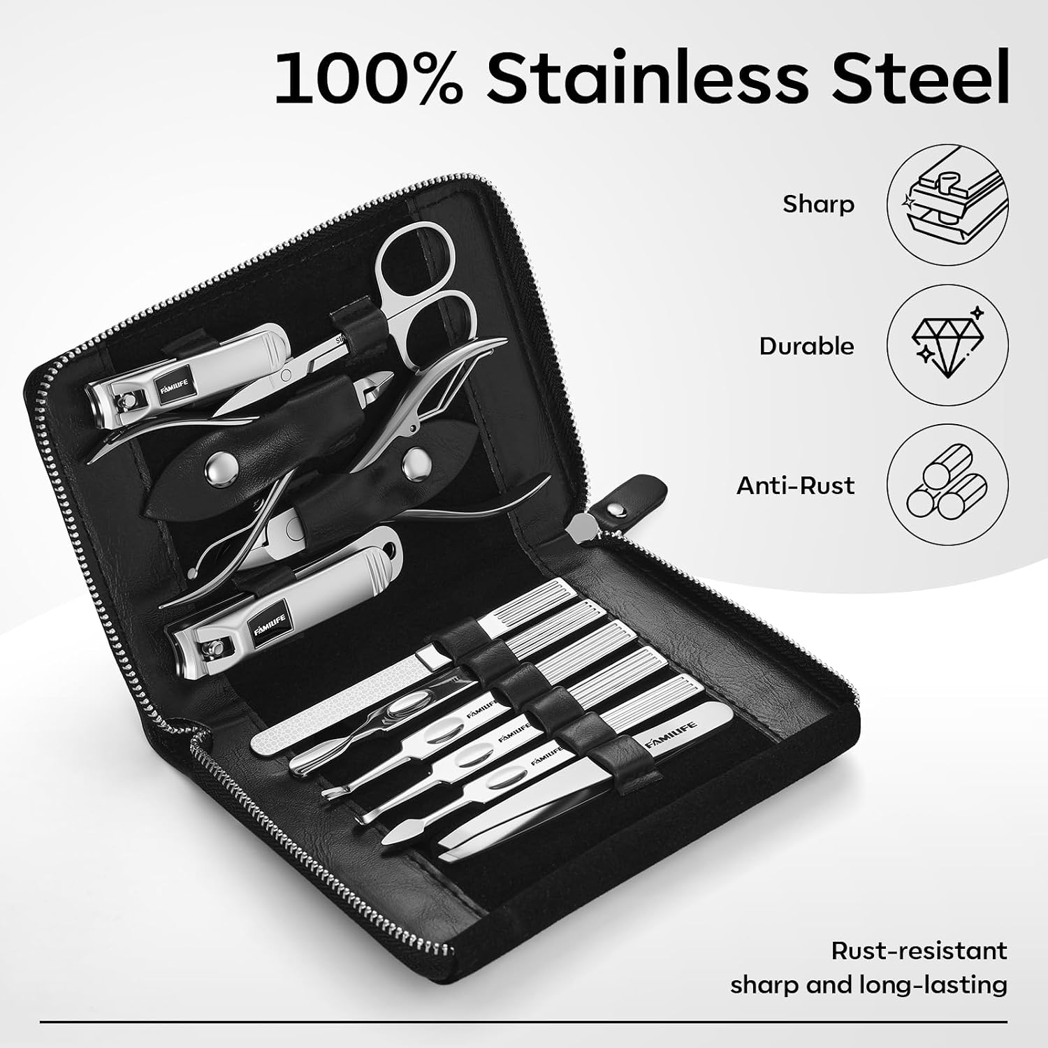 FAMILIFE Stainless Steel Manicure Set 11-in-1 Professional Nail Clipper Kit
