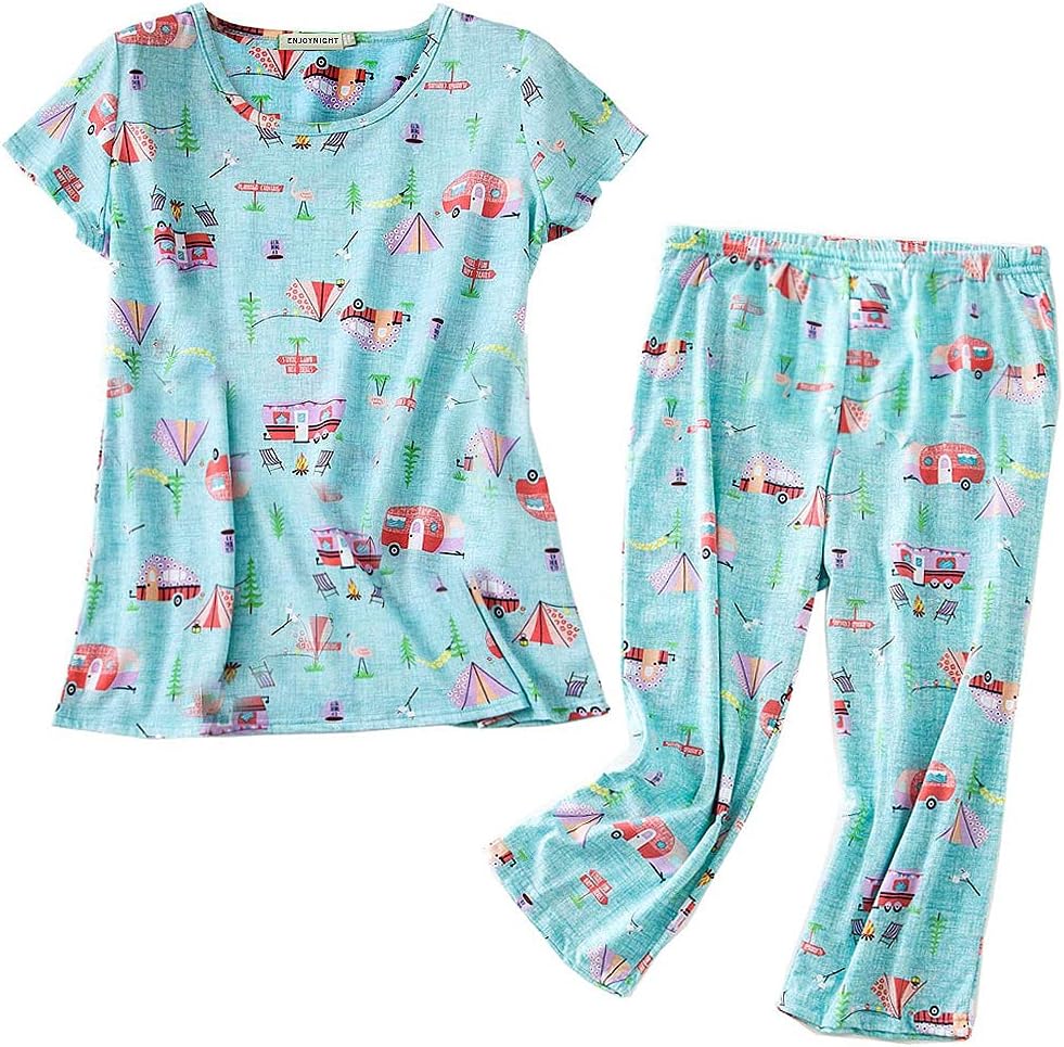 ENJOYNIGHT Womens Pajama Set Cotton Summer Pj Top with Capri Pant Sleepwear