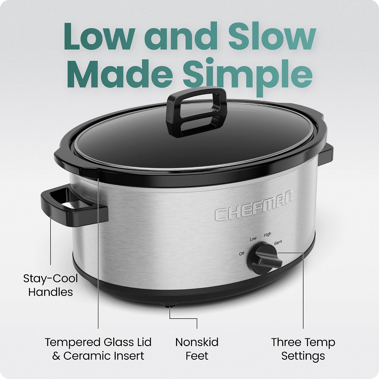 Chefman Triple Slow Cooker & Food Warmer, Three Crock Slowcooker with 2.5 Qt. Ceramic Crocks, 7.5-Quart Total Capacity, PFAS-Free, Three Temperature Settings, Dishwasher-Safe Parts – Stainless Steel