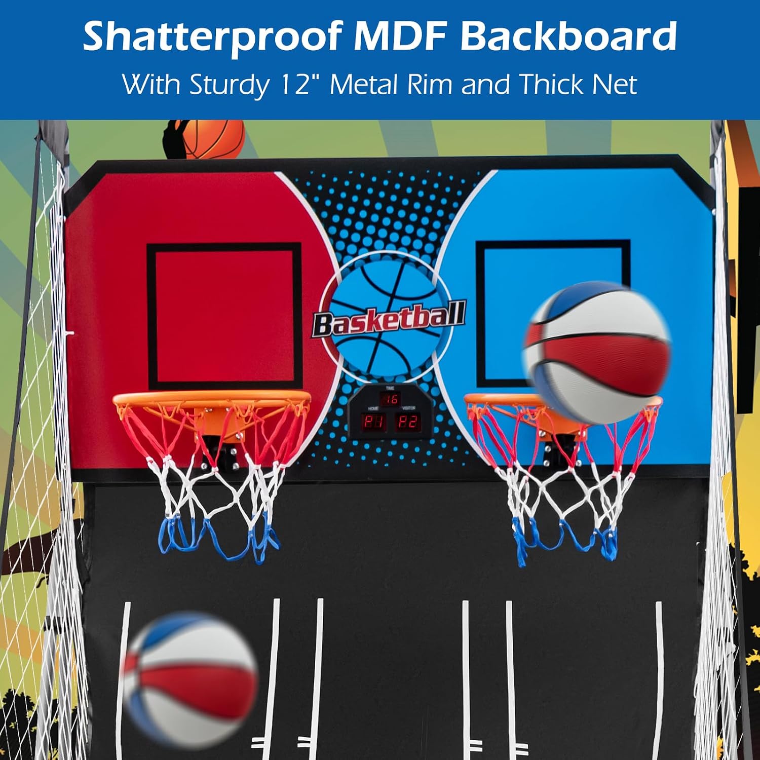 GYMAX Arcade Basketball Game Indoor Foldable with 8 Game Modes, Arcade Sound, 4 Balls and Inflation Pump, Electronic Basketball Games for All Ages Home