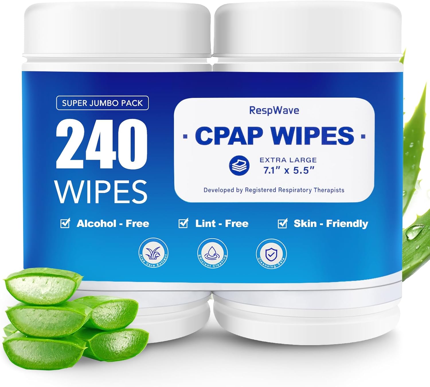 CPAP Mask Wipes, 240 Count (2-120 Canisters) Jumbo Pack, Unscented, Extra Large & Moist, Alcohol Free, Lint Free
