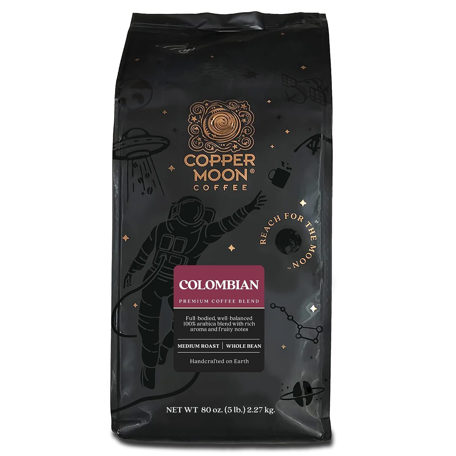 Copper Moon Whole Bean Coffee, Dark Roast, Sumatra, 2 lb | 2 Pound Bag, Vegan, Allergen Free, Non-GMO, Kosher, Vegetarian, Small Batch Roasted