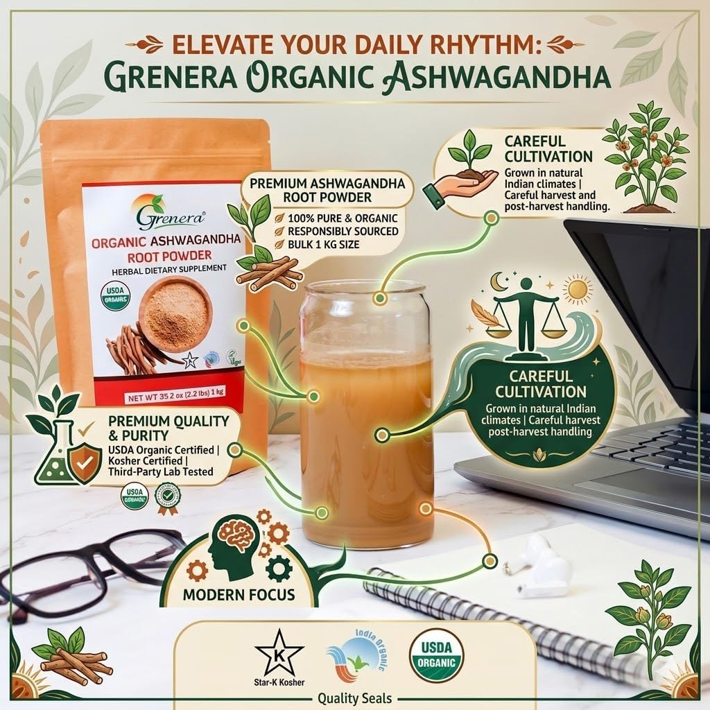 Grenera Organic Ashwagandha Root Powder | 2.2 lbs (1 kg) | USDA Organic, Vegan, Kosher Certified | Non-GMO, Gluten Free | Ashwagandha Powder for Smoothies, Drinks, Recipes | Lab Tested