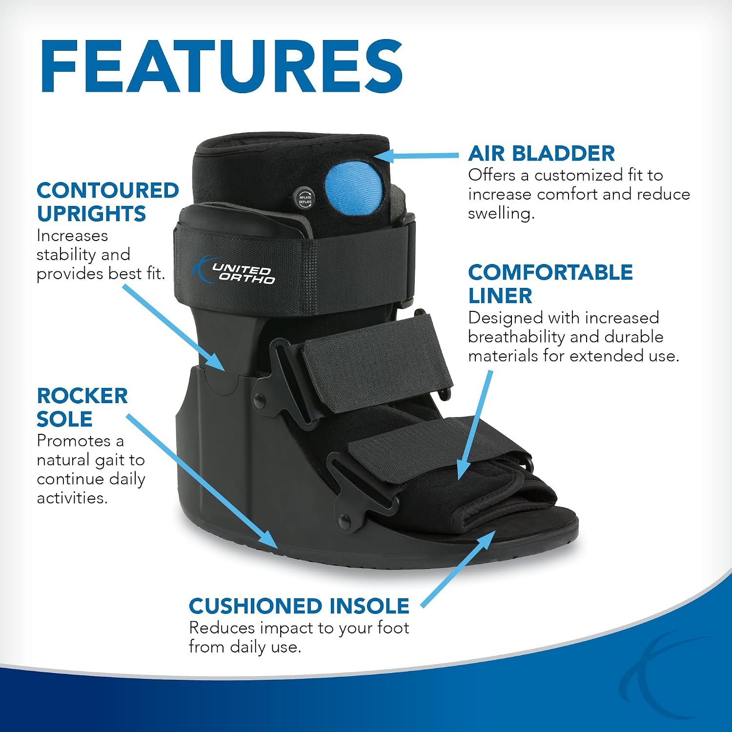 United Ortho Short Air Cam Walker Fracture Boot, Large, Black