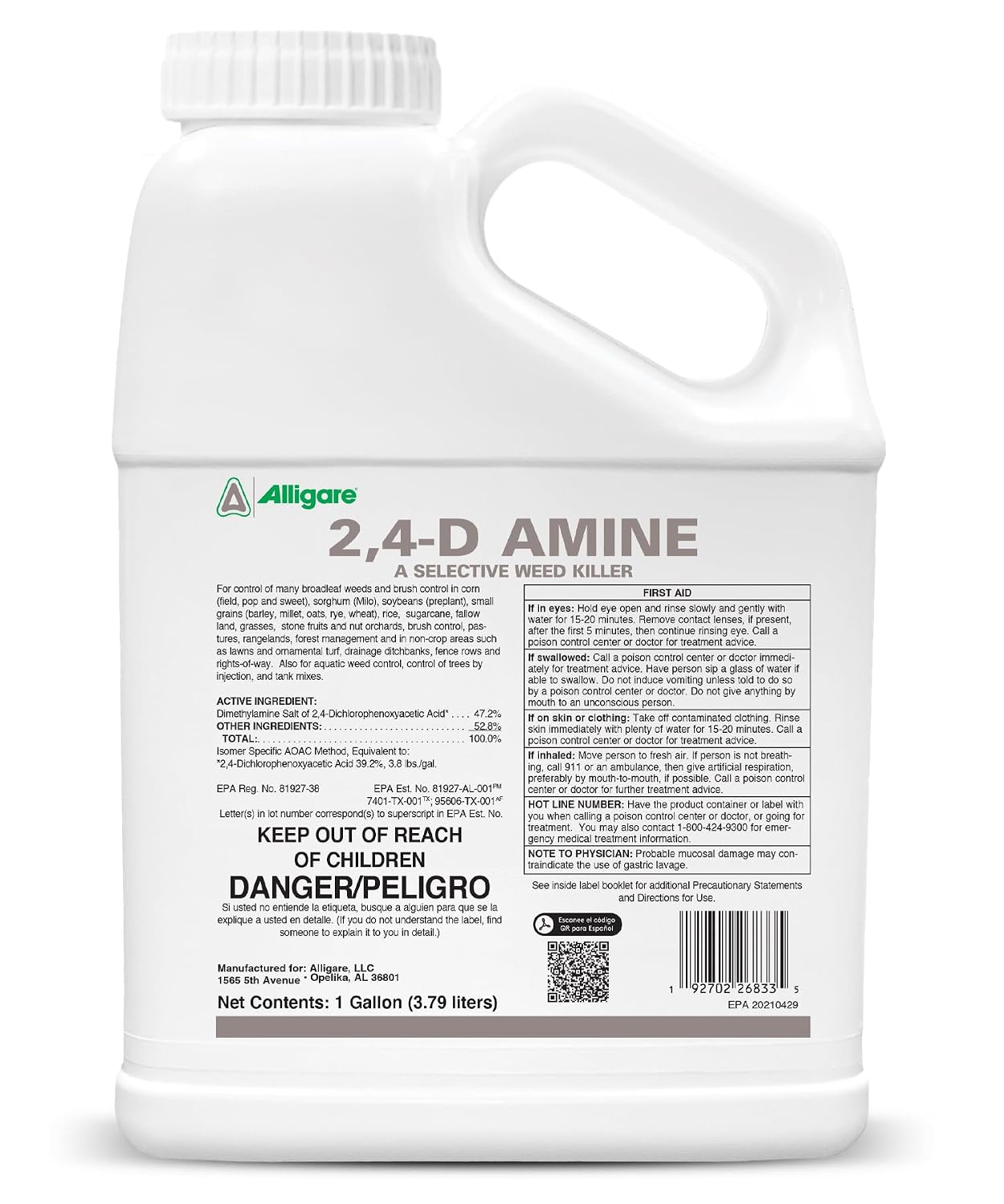 ALLIGARE 2,4-D Amine Weed Killer Concentrate - Post-Emergent Herbicide to Control Pigweed, Thistle, Ragweed, & More - 47.2% Active Ingredient - for Lawns, Pastures, Aquatic Sites & Crops - 2.5 Gallon