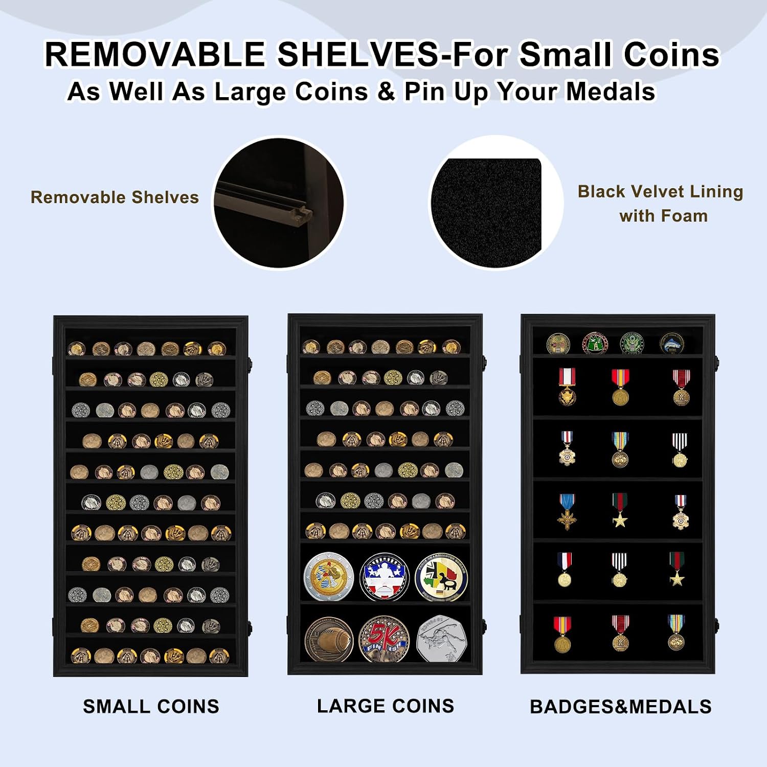 Jinchuan Military Challenge Coin Display Case Lockable Cabinet Rack Holder Shadow Box with Removable 2 Grooves Shelves and Anti Dust Door for Casino