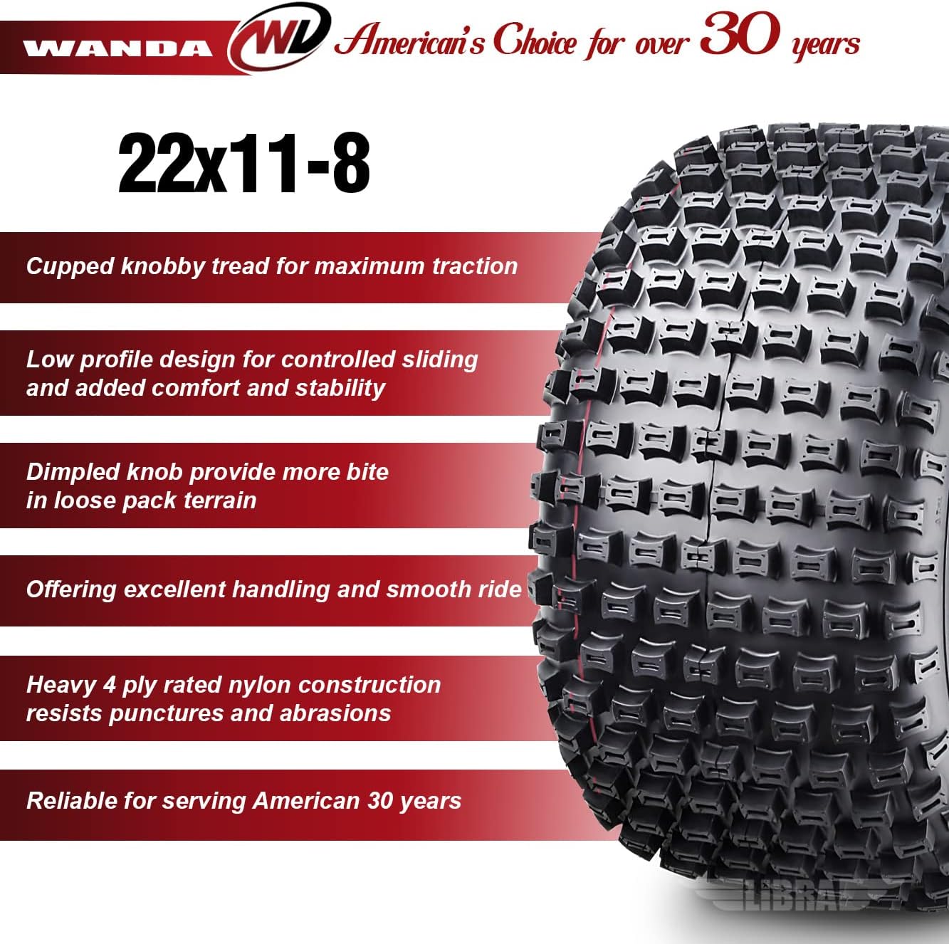 WANDA 2 New ATV Tires 22X11-8 4PR P322 Dimple Knobby - 10026