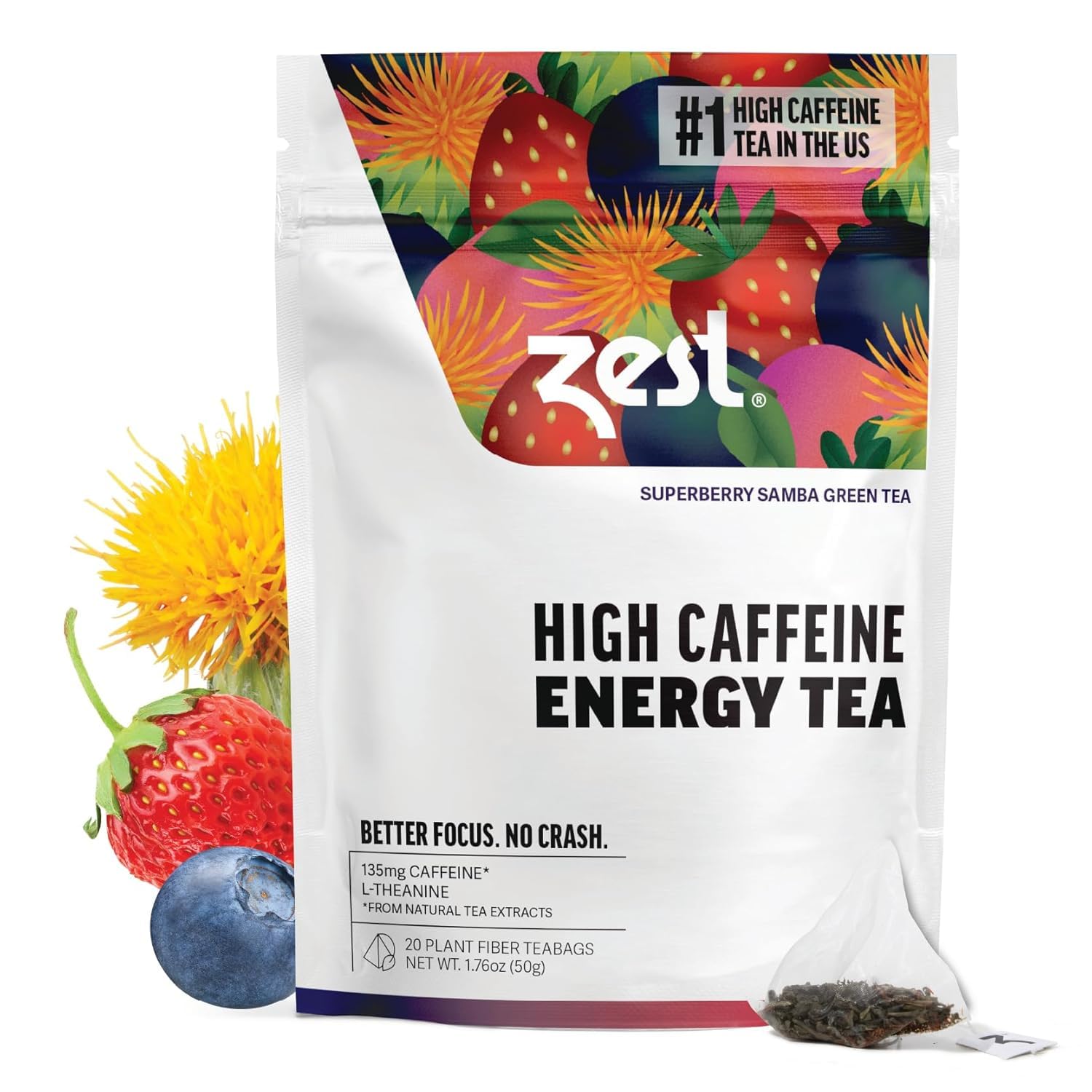 Zest Energy Green Tea – Pomegranate Mojito High Caffeine Tea Bags for Focus & Morning Energy – Natural Caffeinated Tea with 135mg Caffeine – Coffee Substitute – 20Ct Pack, Non-GMO & Keto Friendly