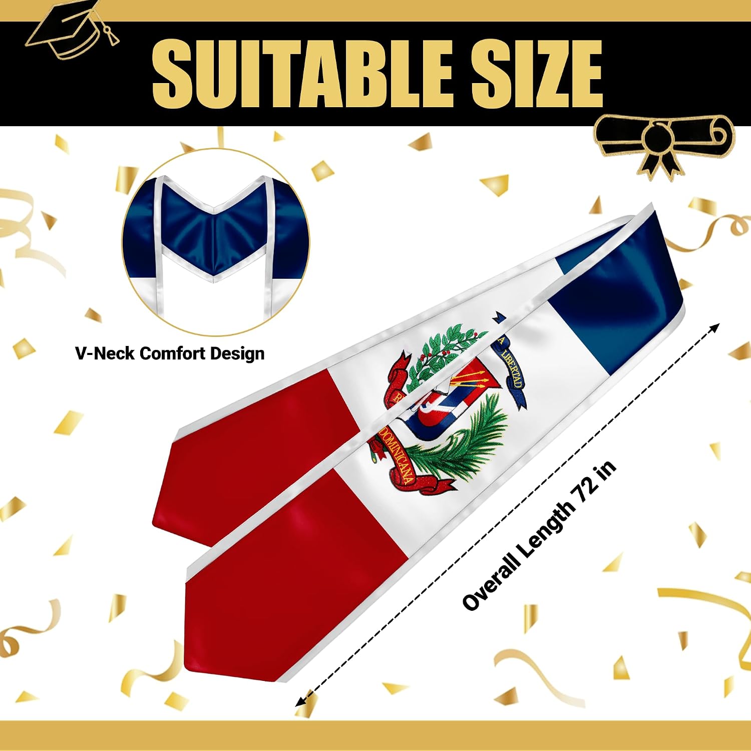 YOXEULL National Flag Embroidered Graduation Stole with Trim, Graduation Sash Graduates Gift, 72"