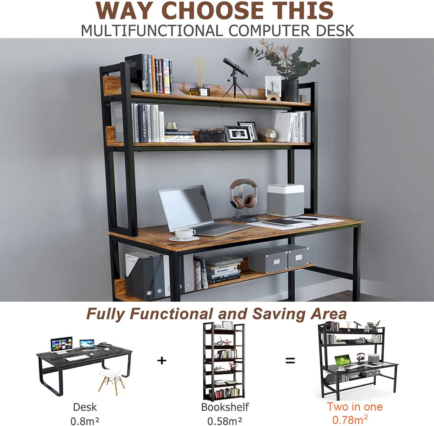 Aquzee Computer Desk with Shelves, 47" W x 23.6" D Gaming Desk with Hutch and Bookshelf